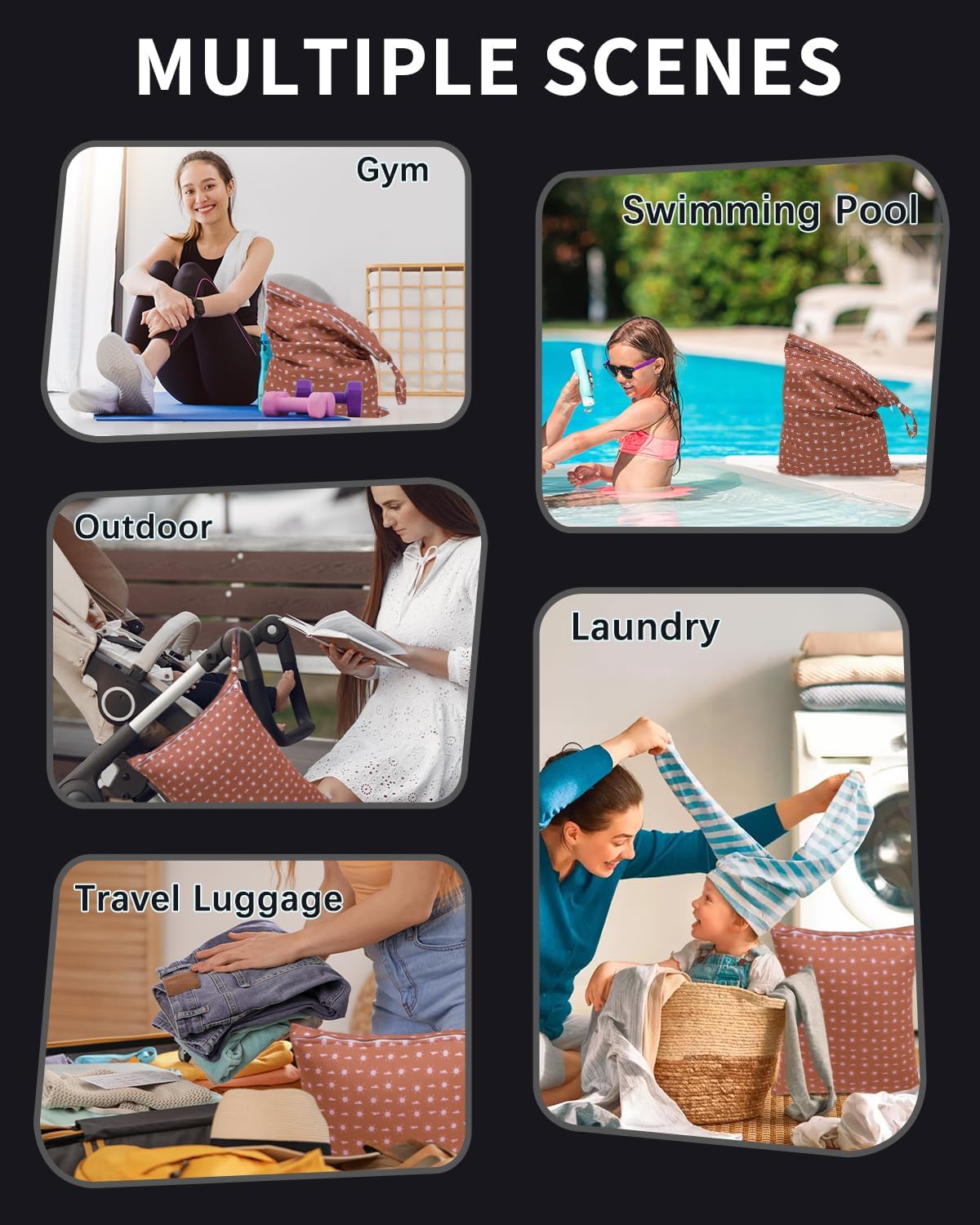 babygoal Travel Laundry Bags 2 Pack, Ideal for Travel, Gym and Swimming-Washable Waterproof Wet Dry Bags for Dirty Clothes, Bathing Suits and Swimsuits(black and grey)