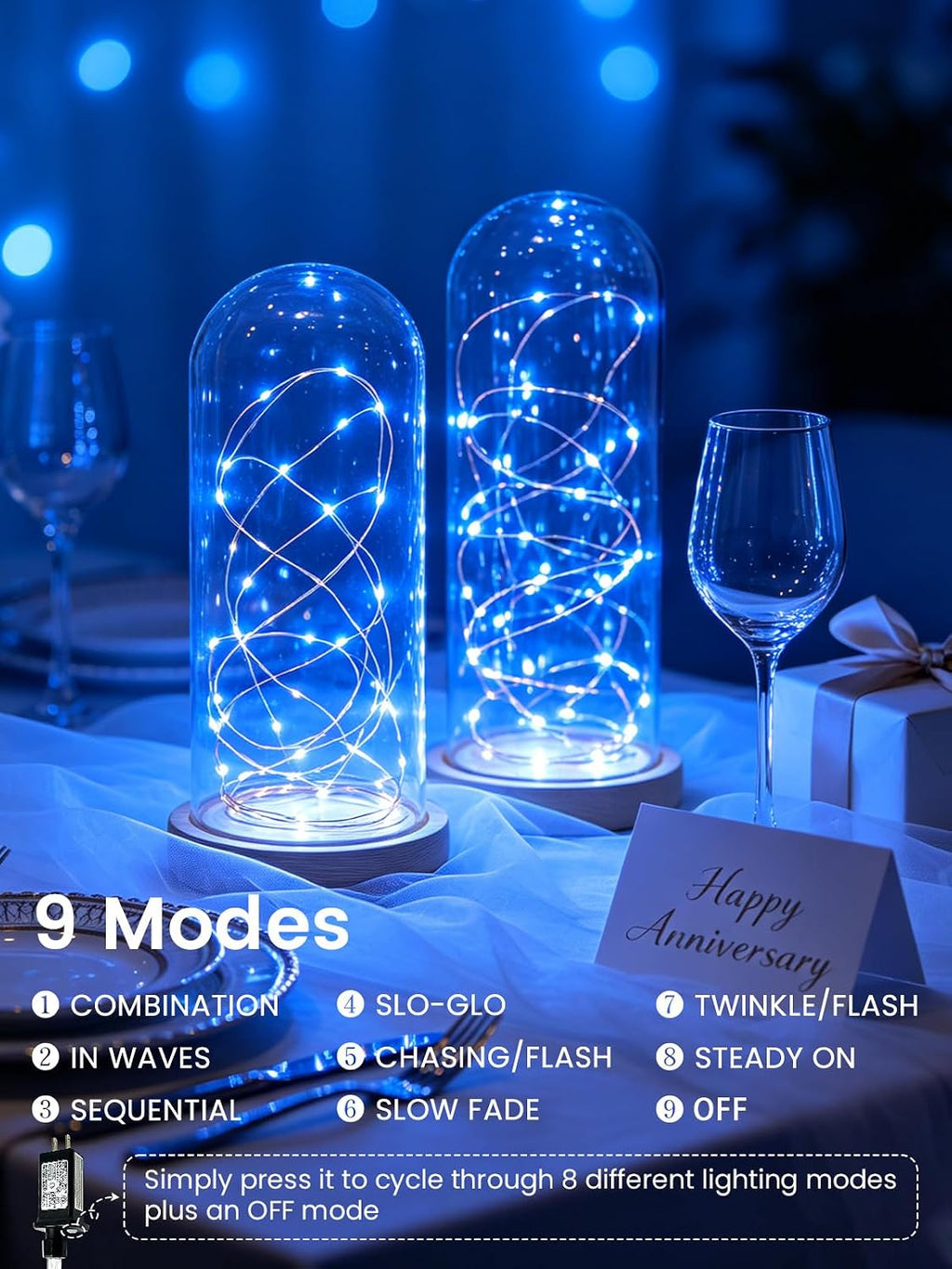 EEW 2 Pack Fairy Lights Plug in 99 FT 300 LED Christmas String Lights Blue