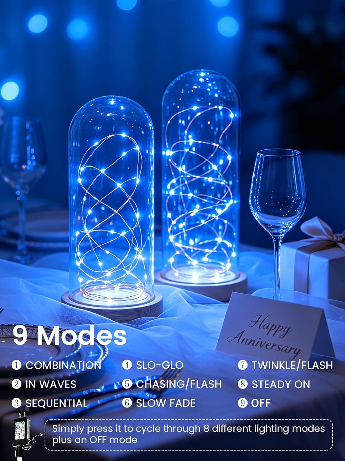 EEW 2 Pack Fairy Lights Plug in 99 FT 300 LED Christmas String Lights Blue