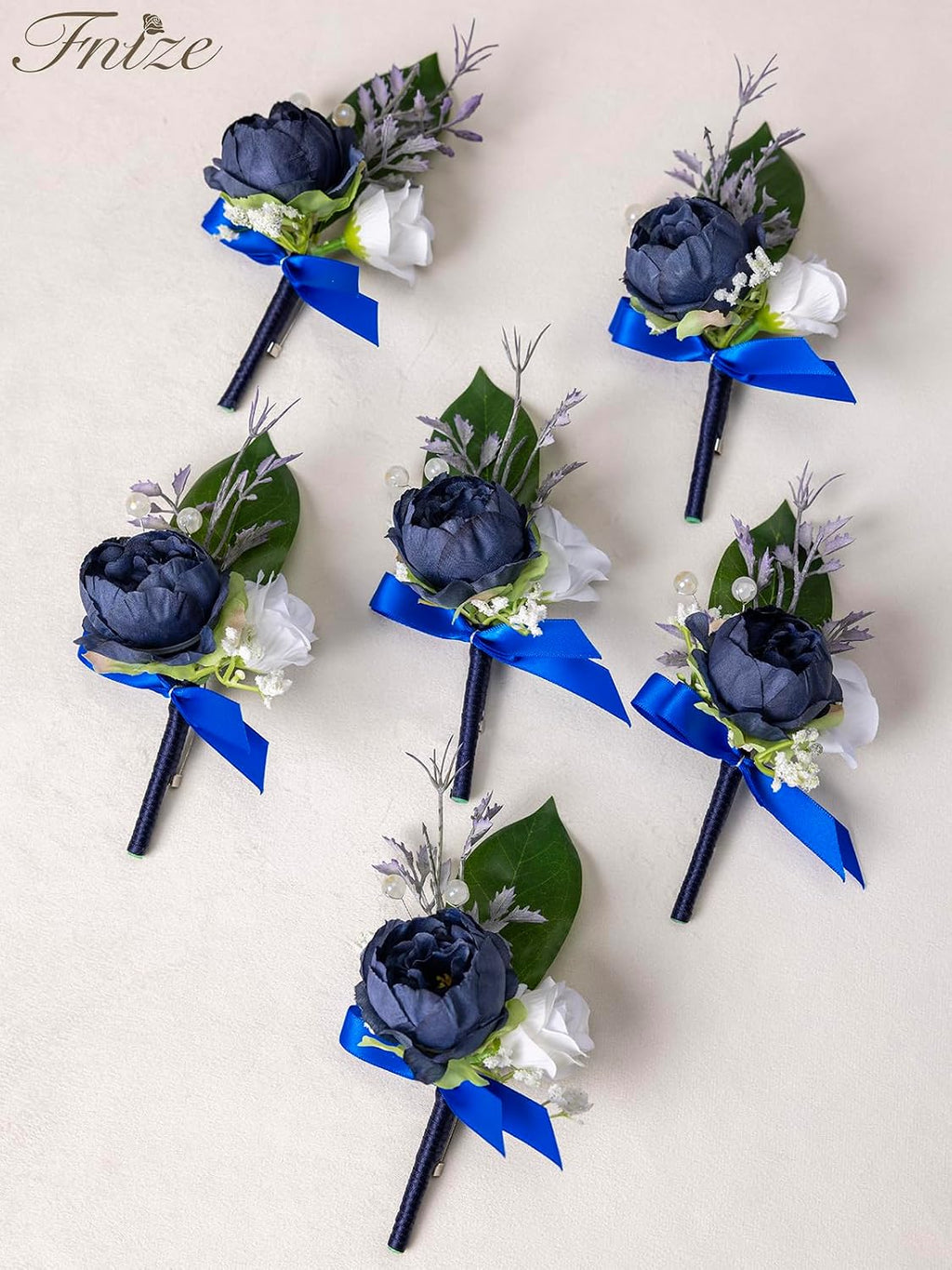 Fnize Navy Blue Boutonniere for Men Set of 6 Groom Groomsmen Wedding