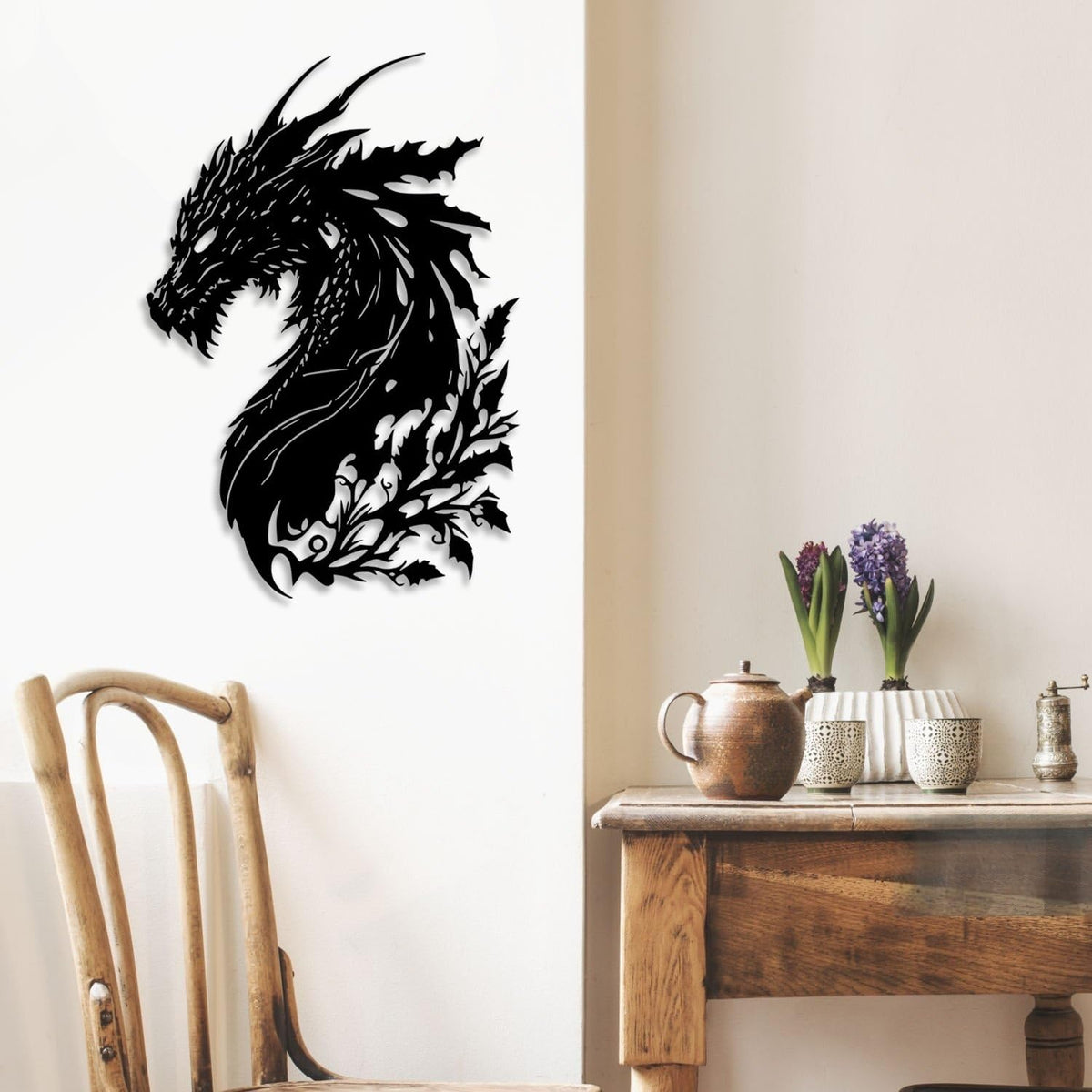 LIYOUYA Dragon Metal Wall Decor - Man Cave Decor Fantasy Room Decor Flower Wall Art Home Decor for Living Room, Bedroom, Office,Courtyard, Patio, Outdoor (Black)