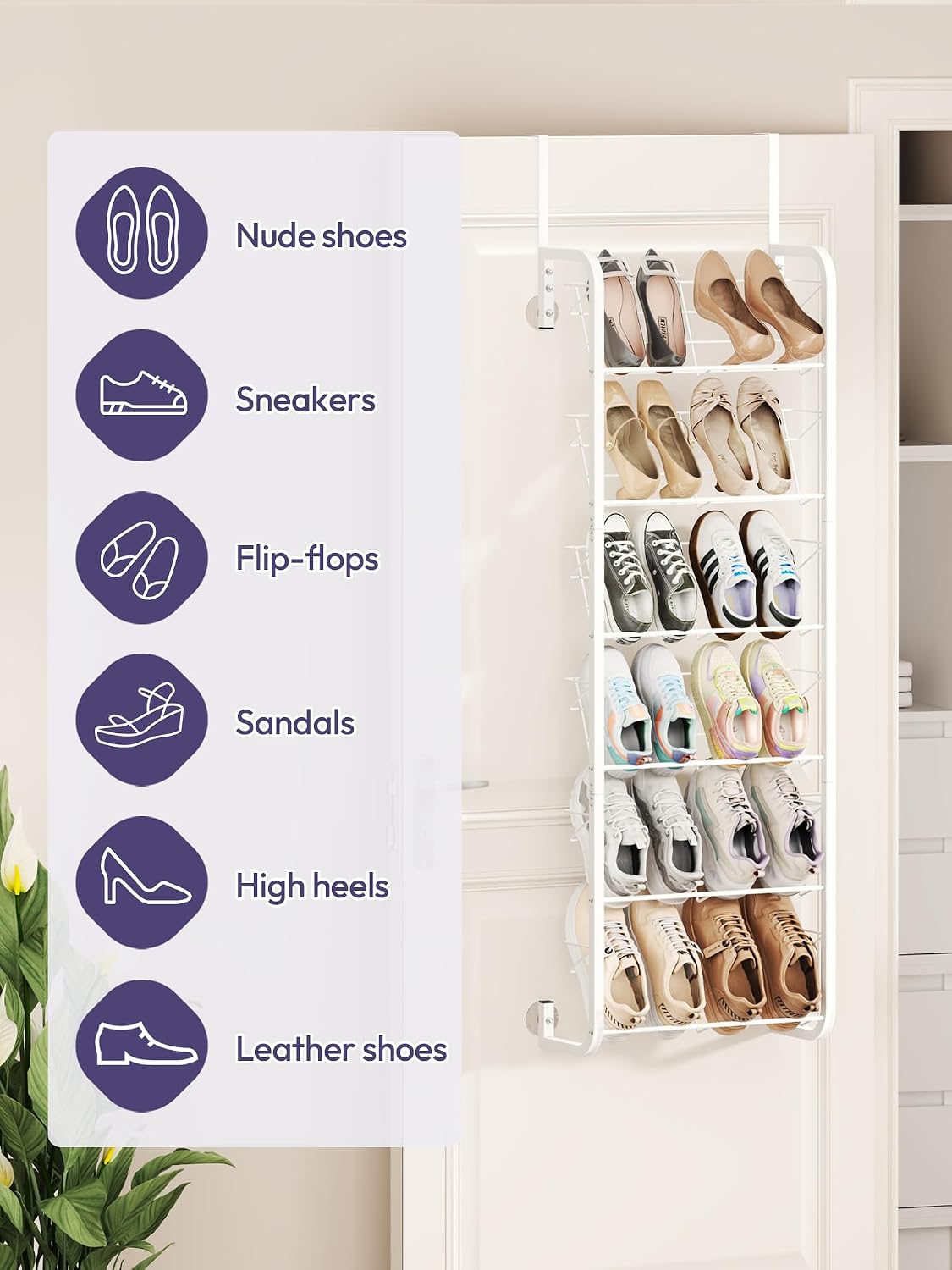 SWTYMIKI Over the Door Shoe Organizer - 6 Tier Wall Mount Shoe Rack for Door Storage- Heavy Duty Metal Hanging Shoes Shelf for Flats, Heels, Sneakers, Boots White