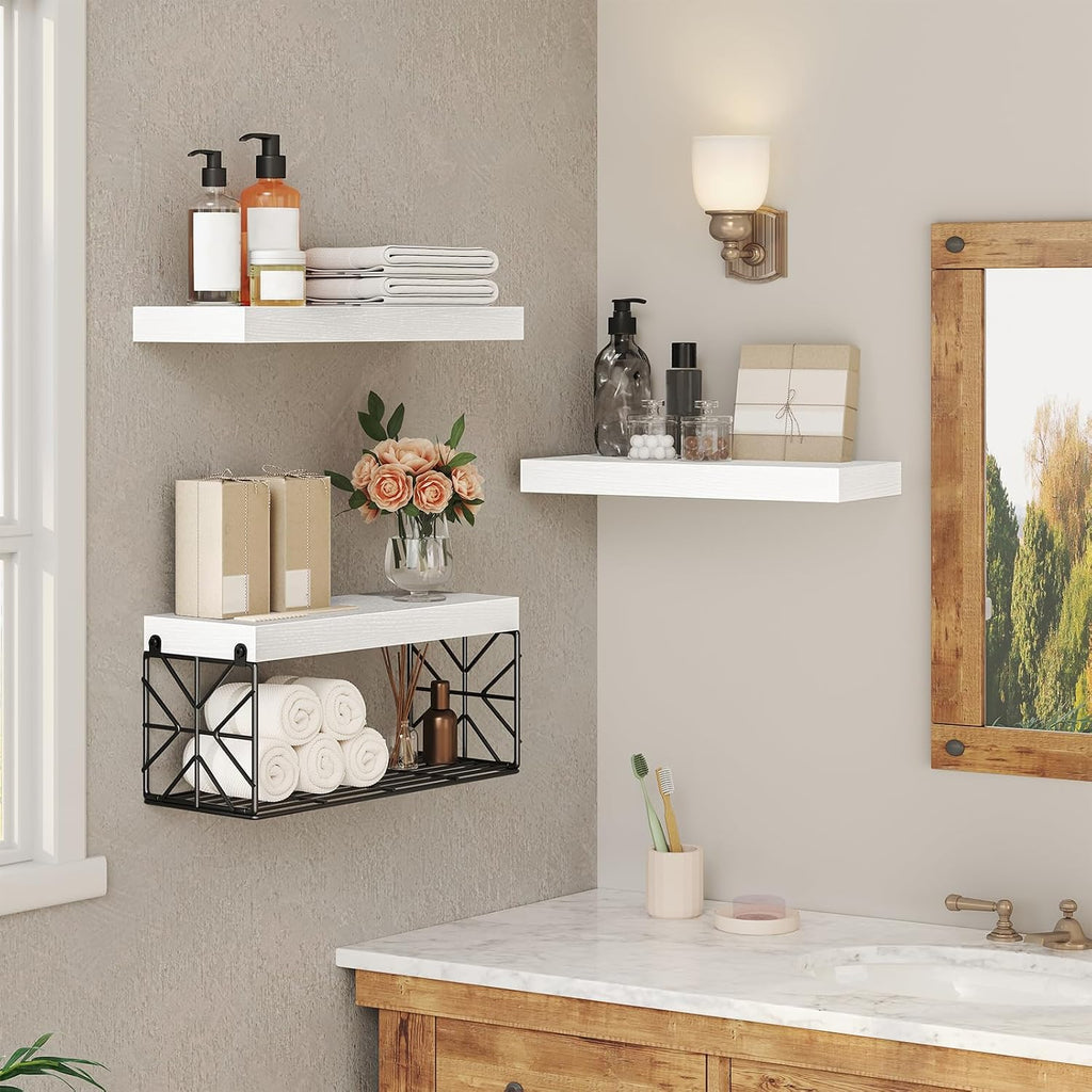 RALGEND Bathroom Shelves Over Toilet Set of 3, 15.7" White Floating Shelves for Wall Storage, 1.5" Thick Hanging Shelf, Farmhouse Wall Decor for Bathroom Living Room, Kitchen, White 4001BJWT
