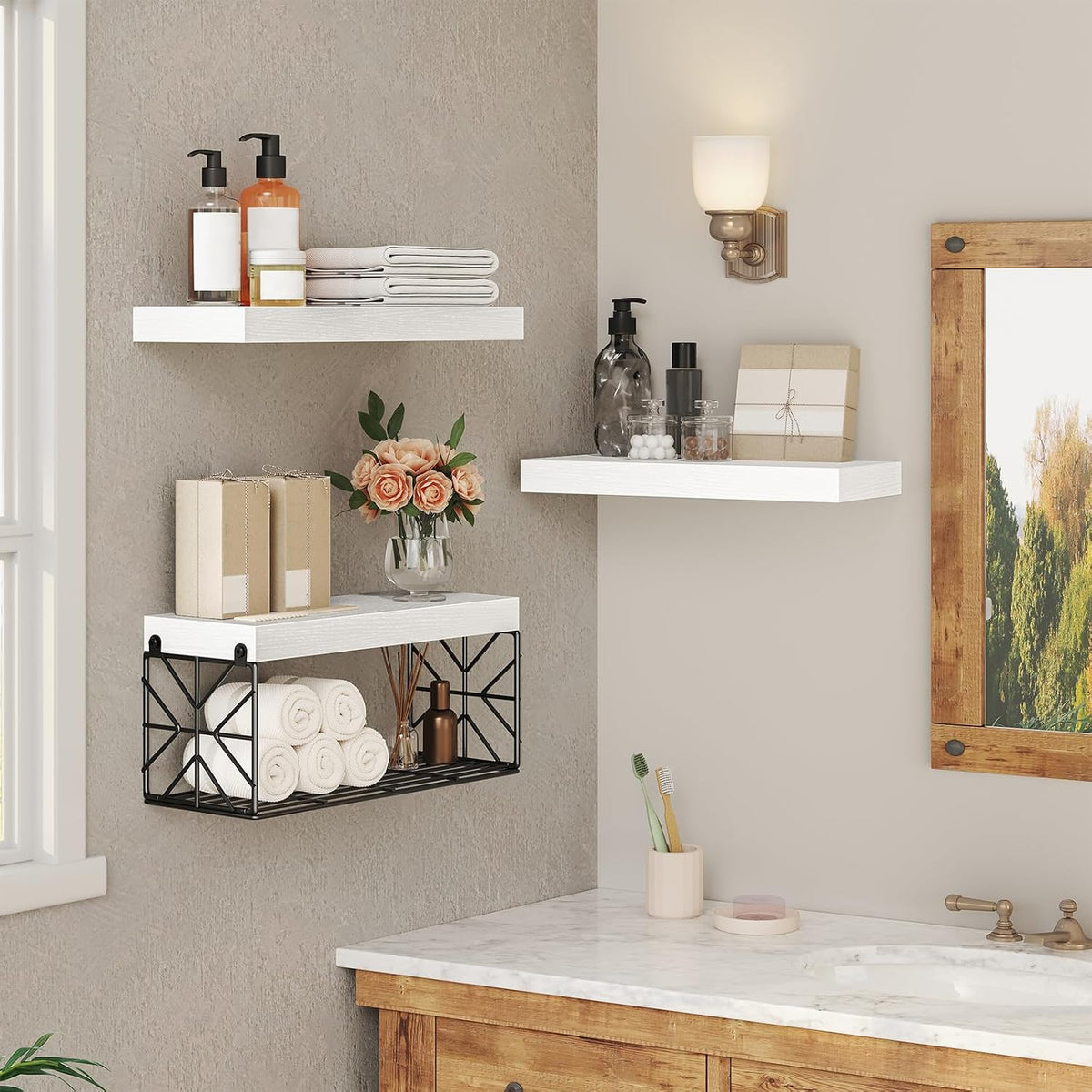 RALGEND Bathroom Shelves Over Toilet Set of 3, 15.7" White Floating Shelves for Wall Storage, 1.5" Thick Hanging Shelf, Farmhouse Wall Decor for Bathroom Living Room, Kitchen, White 4001BJWT