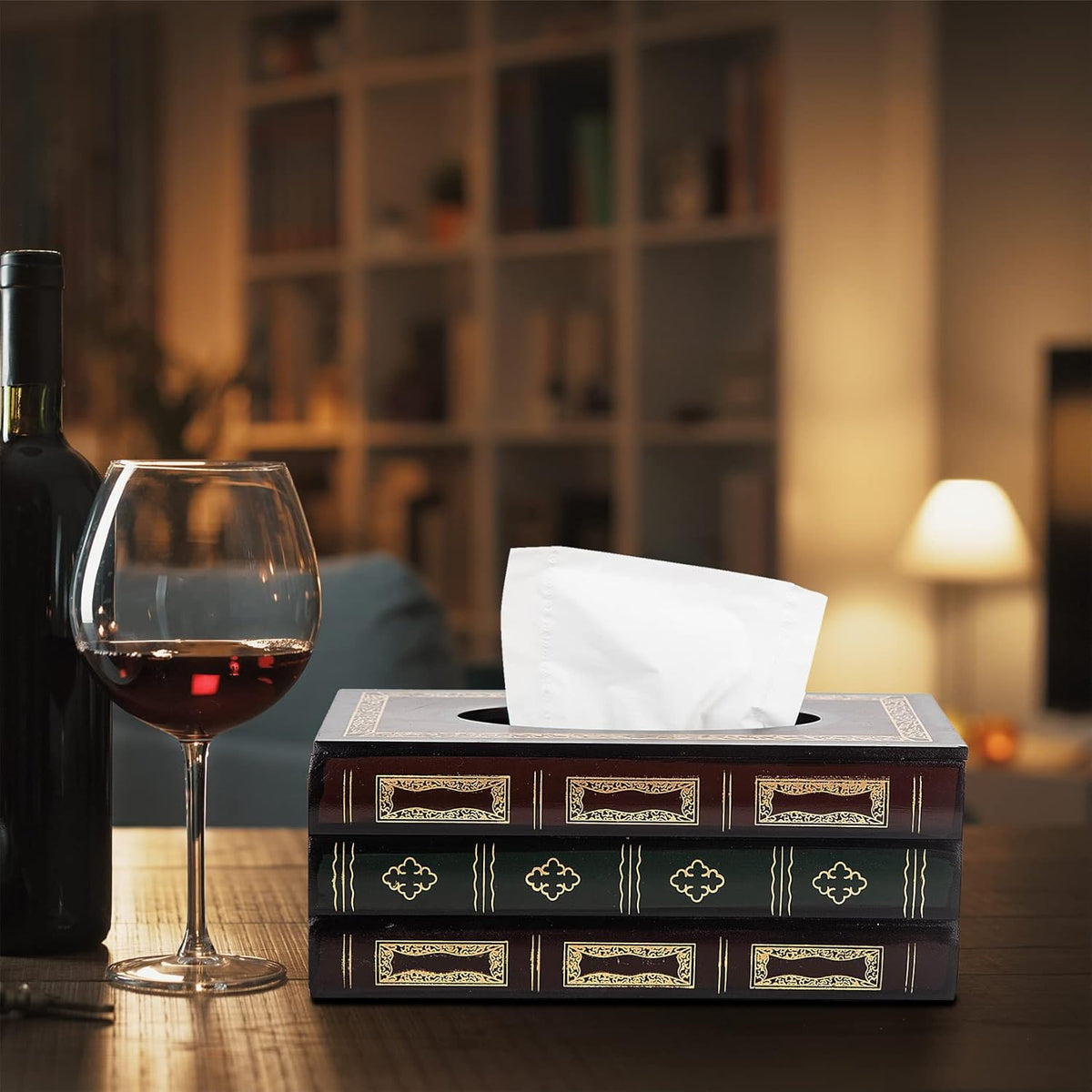 Crafted Classical Retro Wooden Antique Book Tissue Box Cover Rectangular Tissue Holder Dispenser Paper Cover Case Napkin Holder Home Decor for Bathroom Living Room Office car Kitchen (Red)