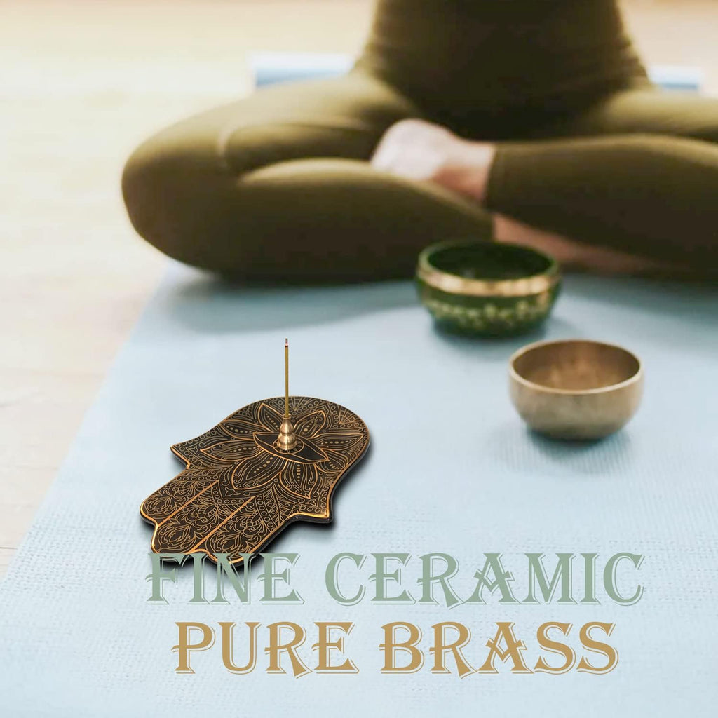 Ceramic Hamsa Hand Incense Holder - 2 in 1 Brass Incense Holder for Sticks and Coil Incense- Zen Decor with Hand of Fatima Design Protection from Evil - 6.2" L X 4.5" W (Black)