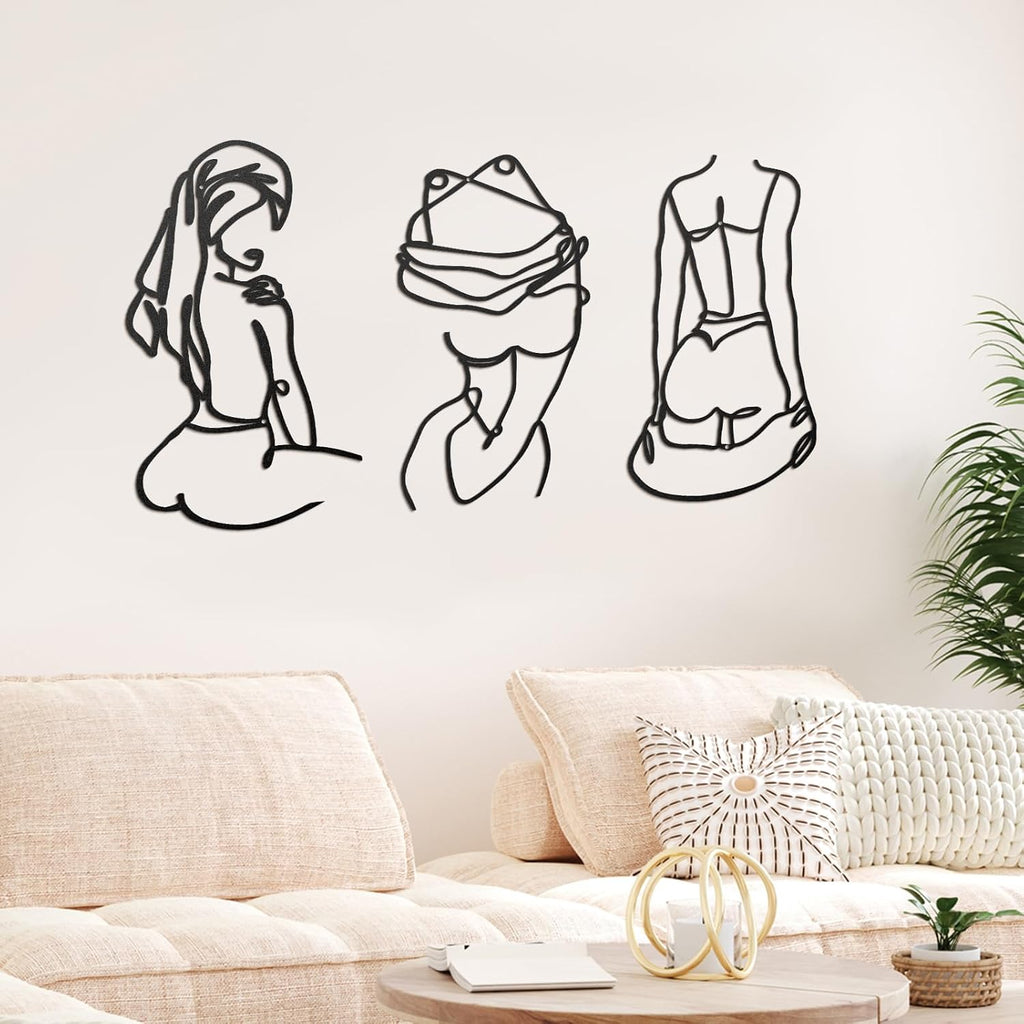 Lounsweer 3 Pcs Modern Minimalist Wall Decor Abstract Line Art Woman Body Wall Decor Modern Single Line Metal Wall Art for Bedroom Living Room Kitchen Bathroom