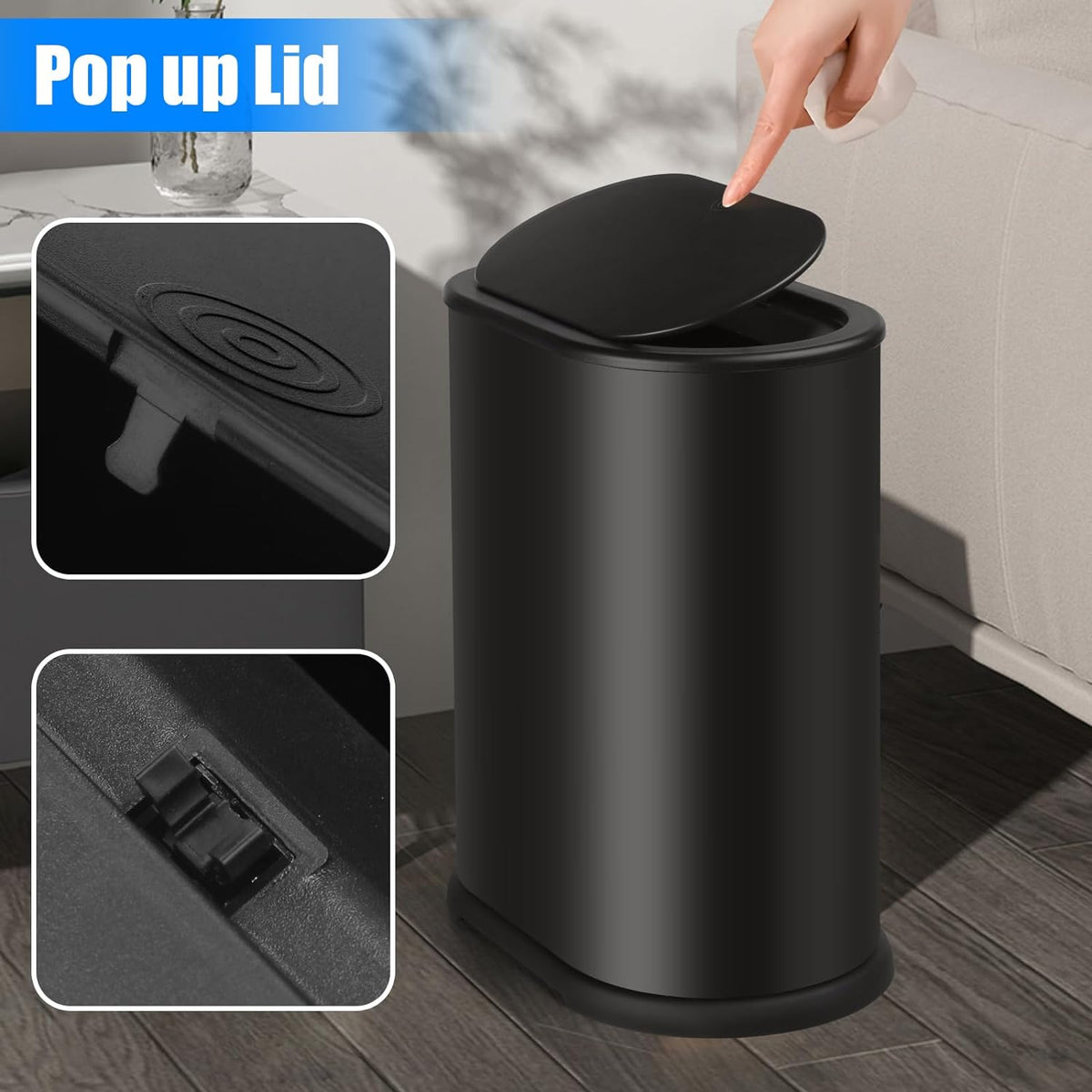 Anzoymx Stainless Steel Bathroom Trash Cans with Lids, 1.8 Gallons, Black