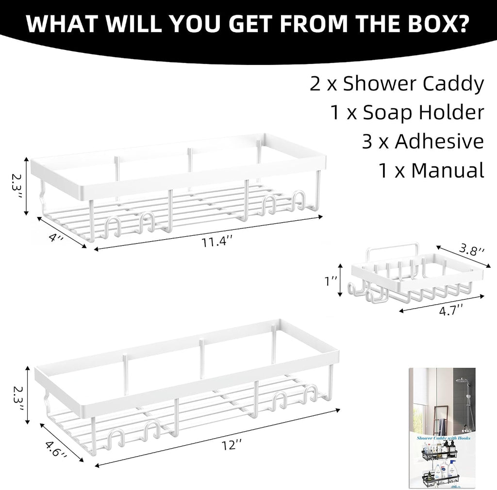 Moforoco 3-Pack Shower Caddy Basket Shelf with Soap Holder, No Drilling Traceless Adhesive Shower Wall Shelves, Rustproof Black Bathroom Shower Storage Organizer