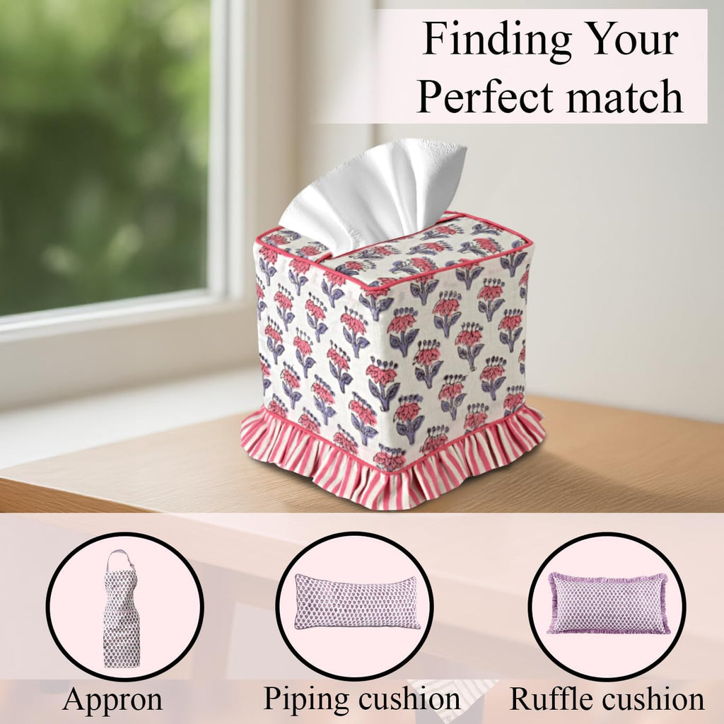 CPC 100% Cotton Ruffle Block Print Tissue Box Cover, Pink Sapphire