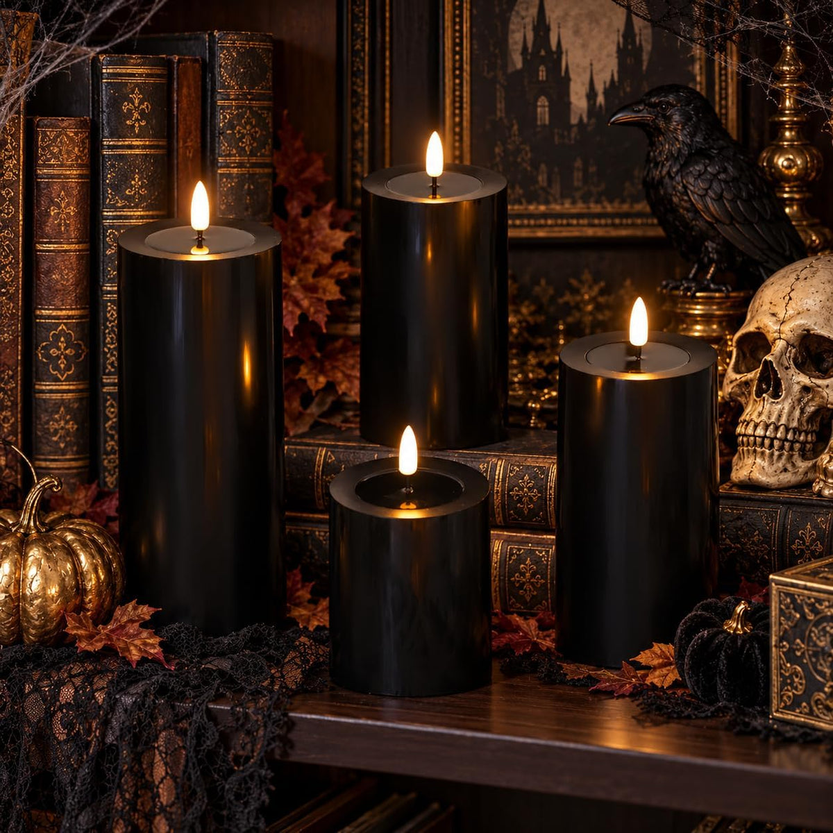 Lezonic Black Flameless Candles with Remote, LED Battery Operated Flickering with Timer, 4 Pack Glossy Wax Drips Design Real Wax Pillar for Halloween Decor, Centerpiece, Birthday Gifts (4/5/6/8 Inch)