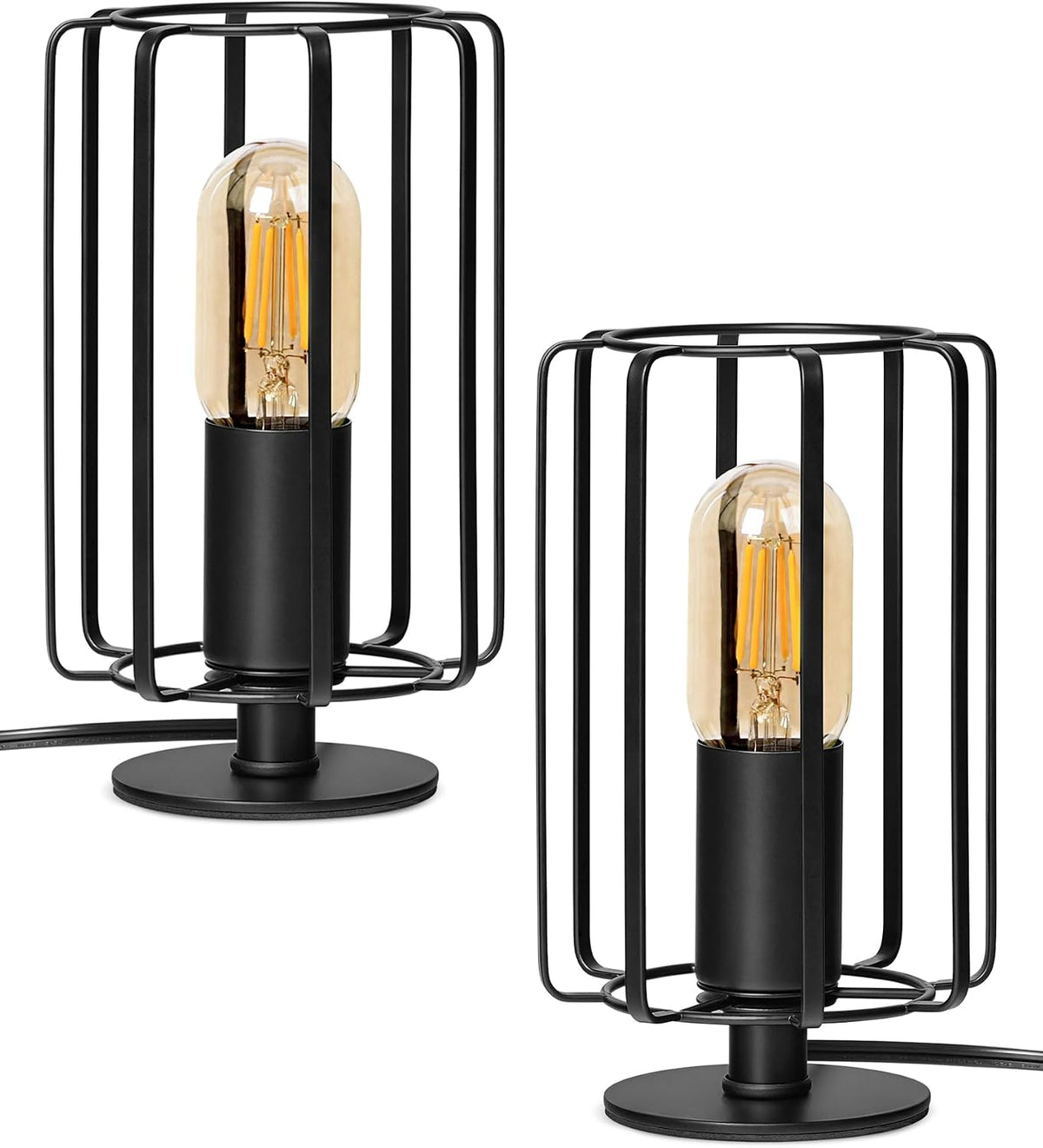 Industrial Table Lamp Set of 2, Small Bedside Lamp with Dimmable 2400K Warm Light LED Bulb, Vintage Desk Lamp, Rustic Nightstand Lamp for Bedroom, Study, Office, Small Space, Black B05TLP205