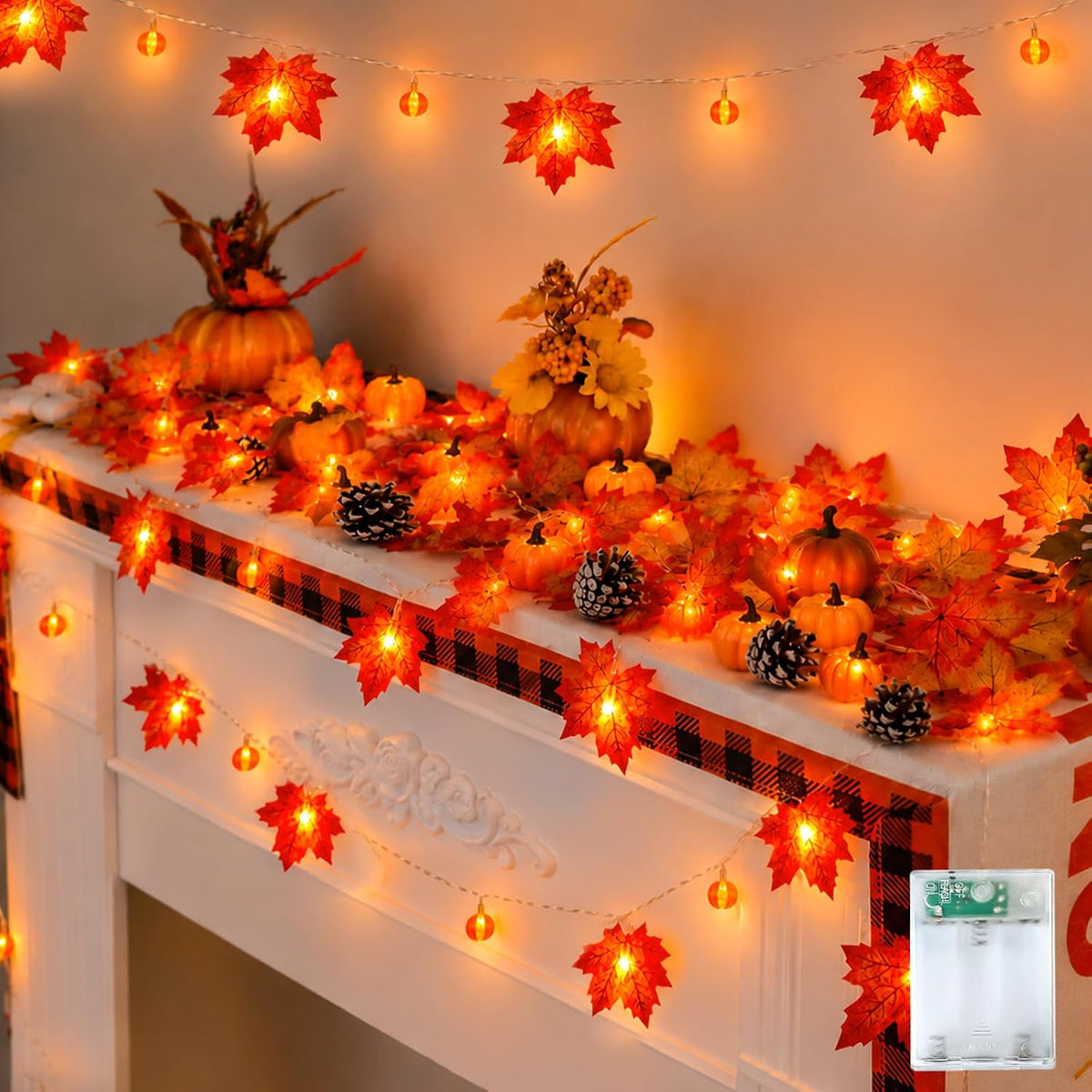 YEGUO 2Pack Fall Garland Lights, 20ft 40LED Maple Leaves with Pumpkin