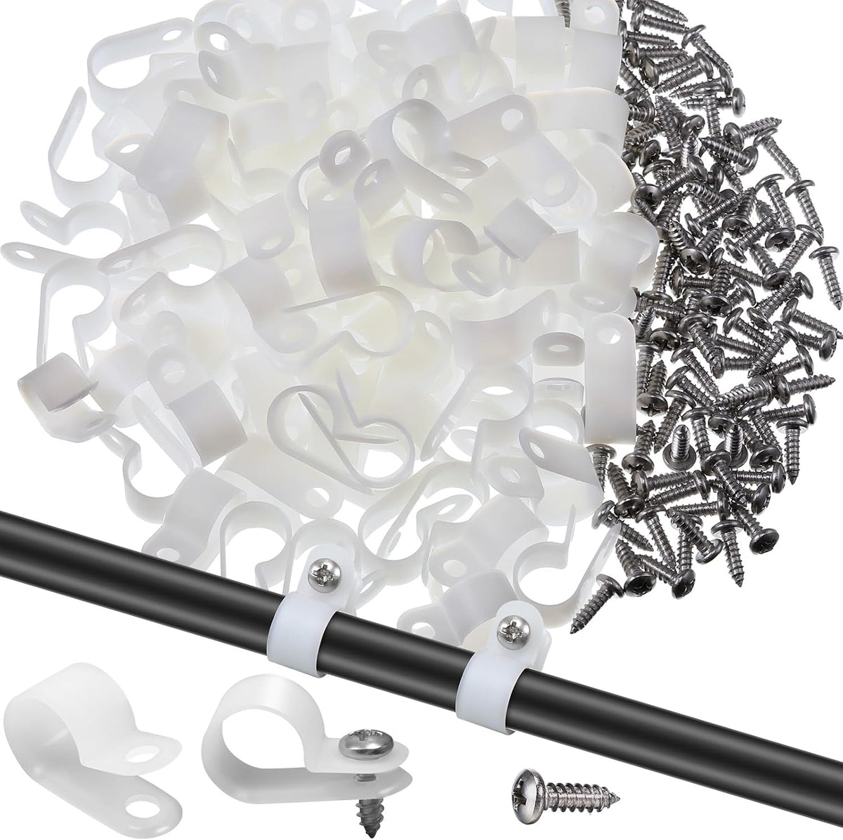 Hicarer 100 Pcs R-Type Cable Clips with Screws Wire Cord,White,1/2inch