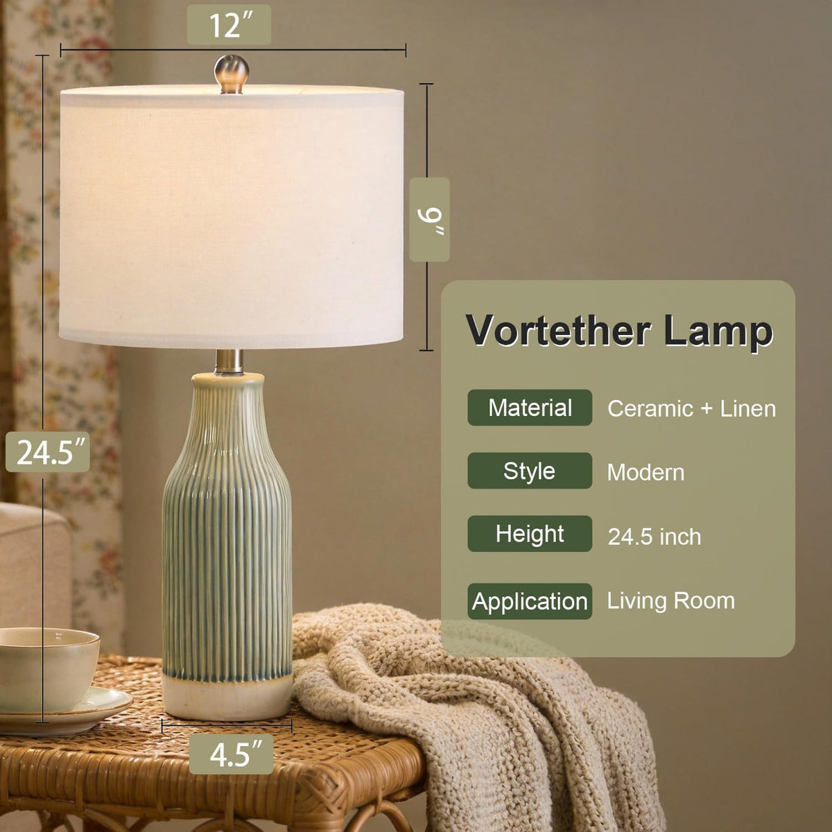 23.5" Bedside Lamps Set of 2,Green Ceramic Table Lamp for Bedroom