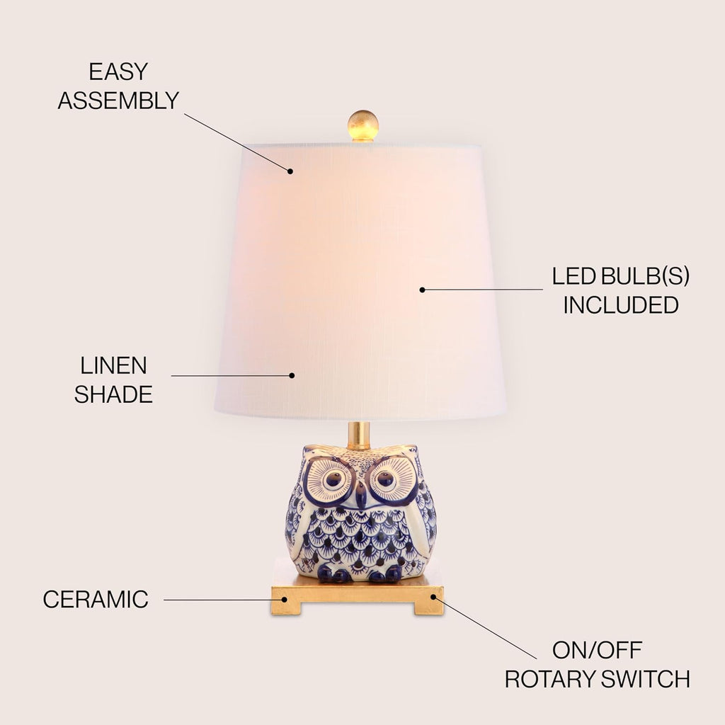 JONATHAN Y Justina Owl Mini Table Lamp 16" Ceramic, Blue/White