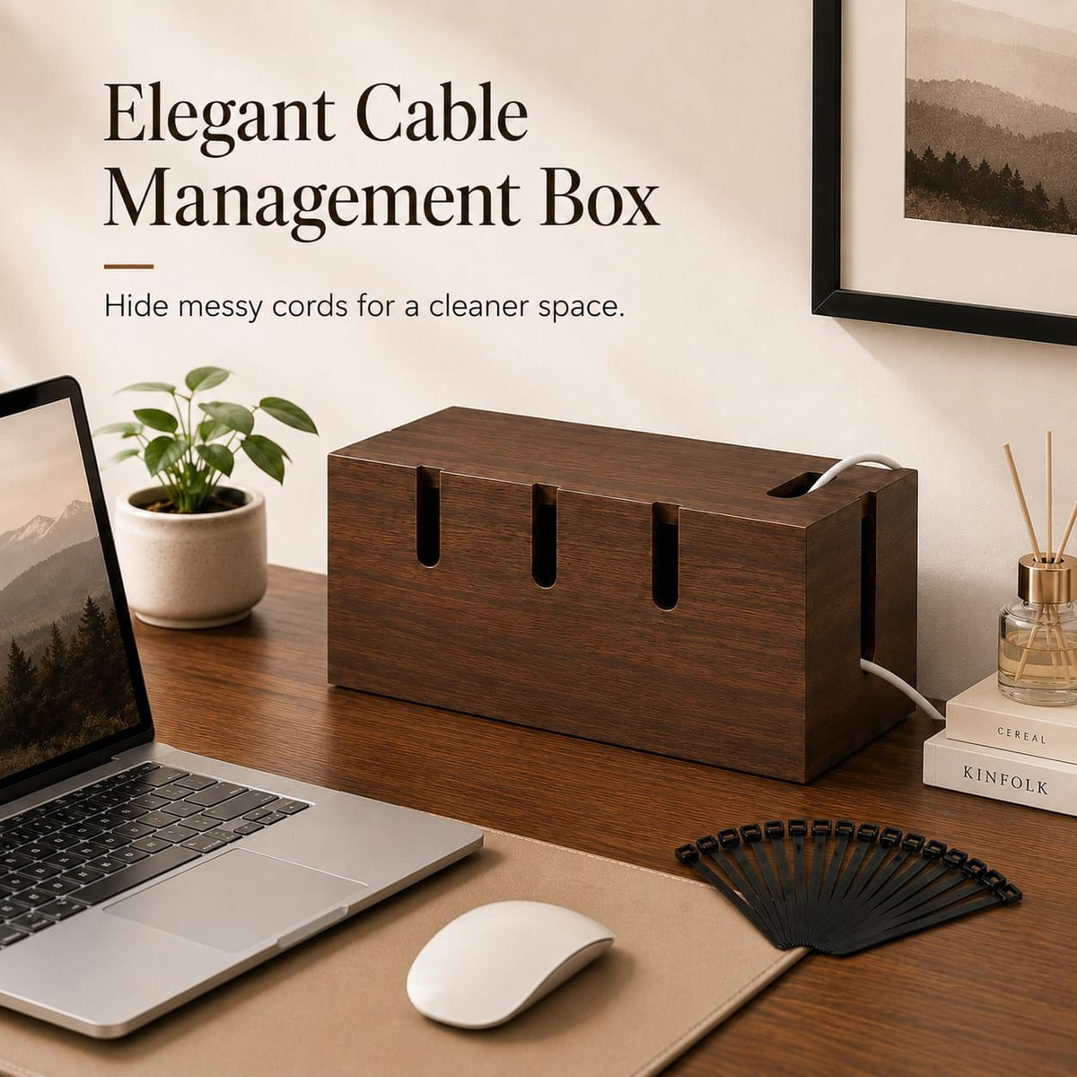Large Wood Cable Management Box, Wooden Cord Hider Box for Power Strips, Walnut Finish Cable Organizer with 20 Reusable Ties for Desk, Floor & Home Office
