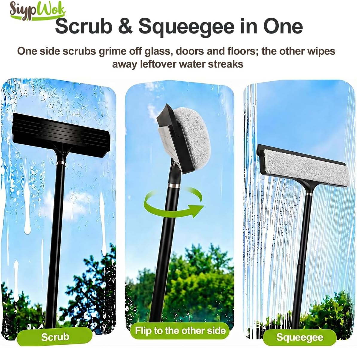 2 in 1 Window Squeegee with Adjustable Telescopic Pole, Shower Glass Squeegee for Indoor Outdoor Windows, Glass Doors, Shower Stalls, Car Windshield, Bathroom Tiles and Hard Floors