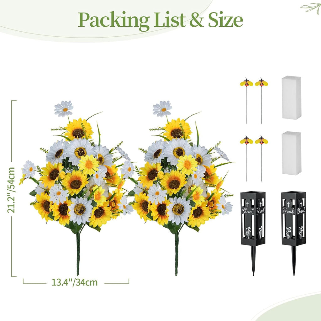 Artificial Cemetery Flowers for Grave: Sunflower with Vase, 2 Pcs