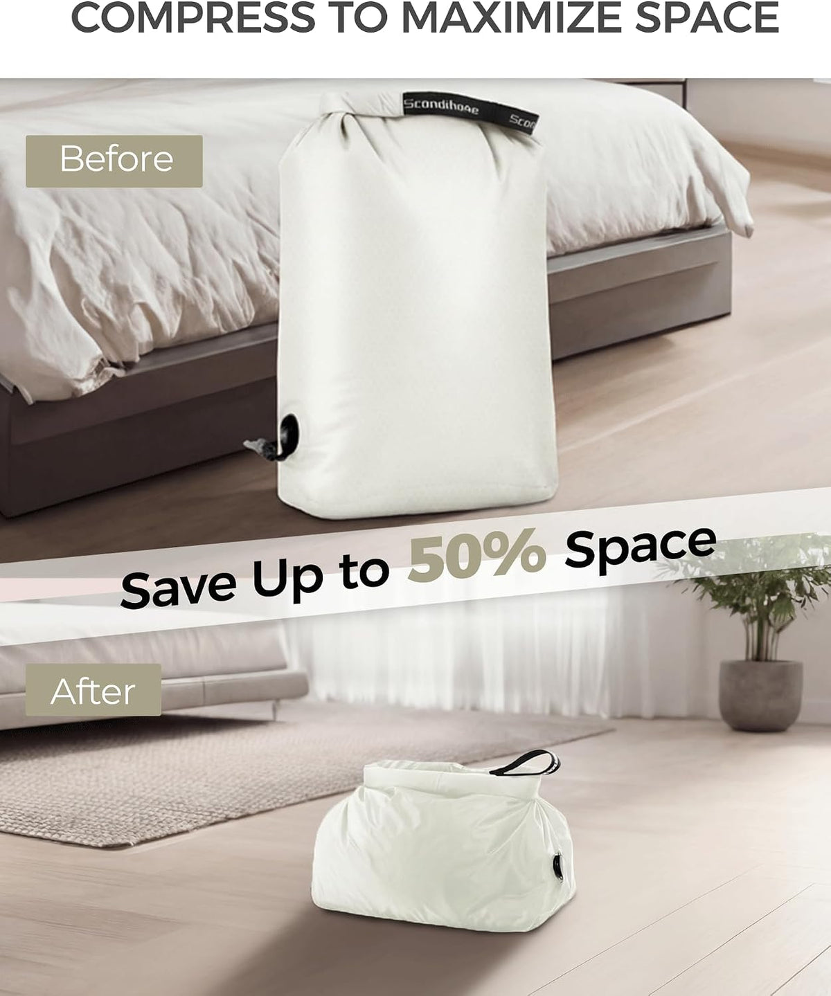 Compression Travel Laundry Bag for Dirty Clothes, Pump-Free Laundry Bag for Suitcase & Dorm, Waterproof Wet Dry Clothes Organizer, Large Capacity Space Saving Travel Bag (1 Pcs)(White, M)