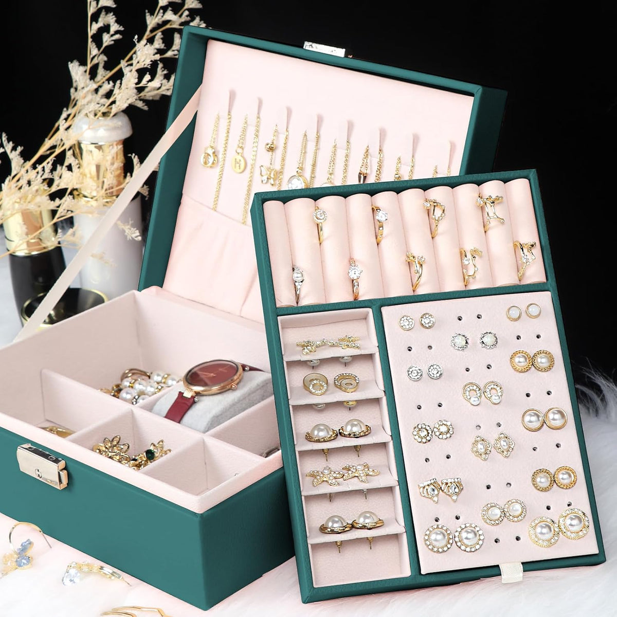 Jewelry Box for Women Girls, 2 Layers Jewelry Organizer Container with Lock, PU Leather Storage Case with Removable Tray, Jewelry Display Box for Necklaces Earrings Bracelets Rings Watches (Green)