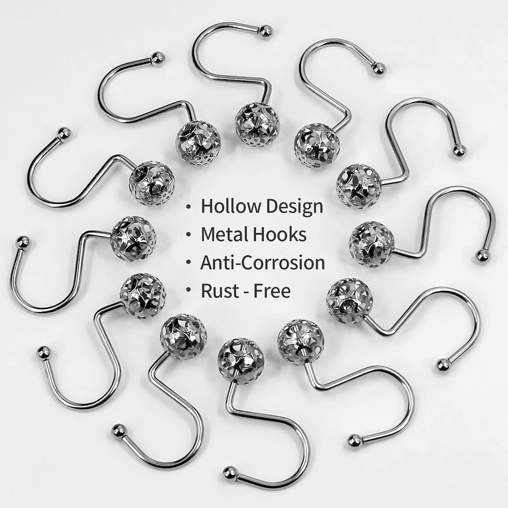 MitoVilla Silver Metal Shower Curtain Rings and Hooks, Chrome Metal Hollow Ball Rust Proof Rings for Curtain Liner and Bathroom Shower Rod Accessories
