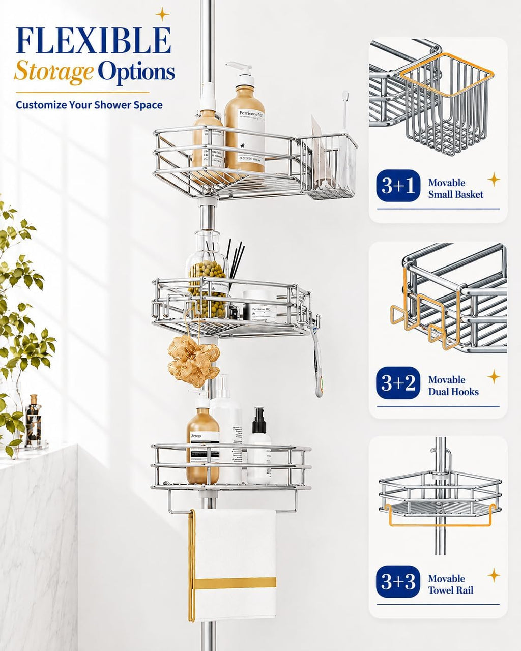 SEIRIONE Rustproof Corner Shower Caddy Tension Pole for Bathroom Storage