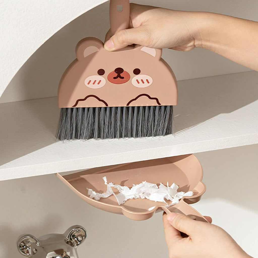 Mini Dustpan and Brush Set, Cartoon Portable Cleaning Broom with Dust Pan, Handheld Dust pan with Cleaning Brush Combo for Desk Keyboard Countertop (Bear)