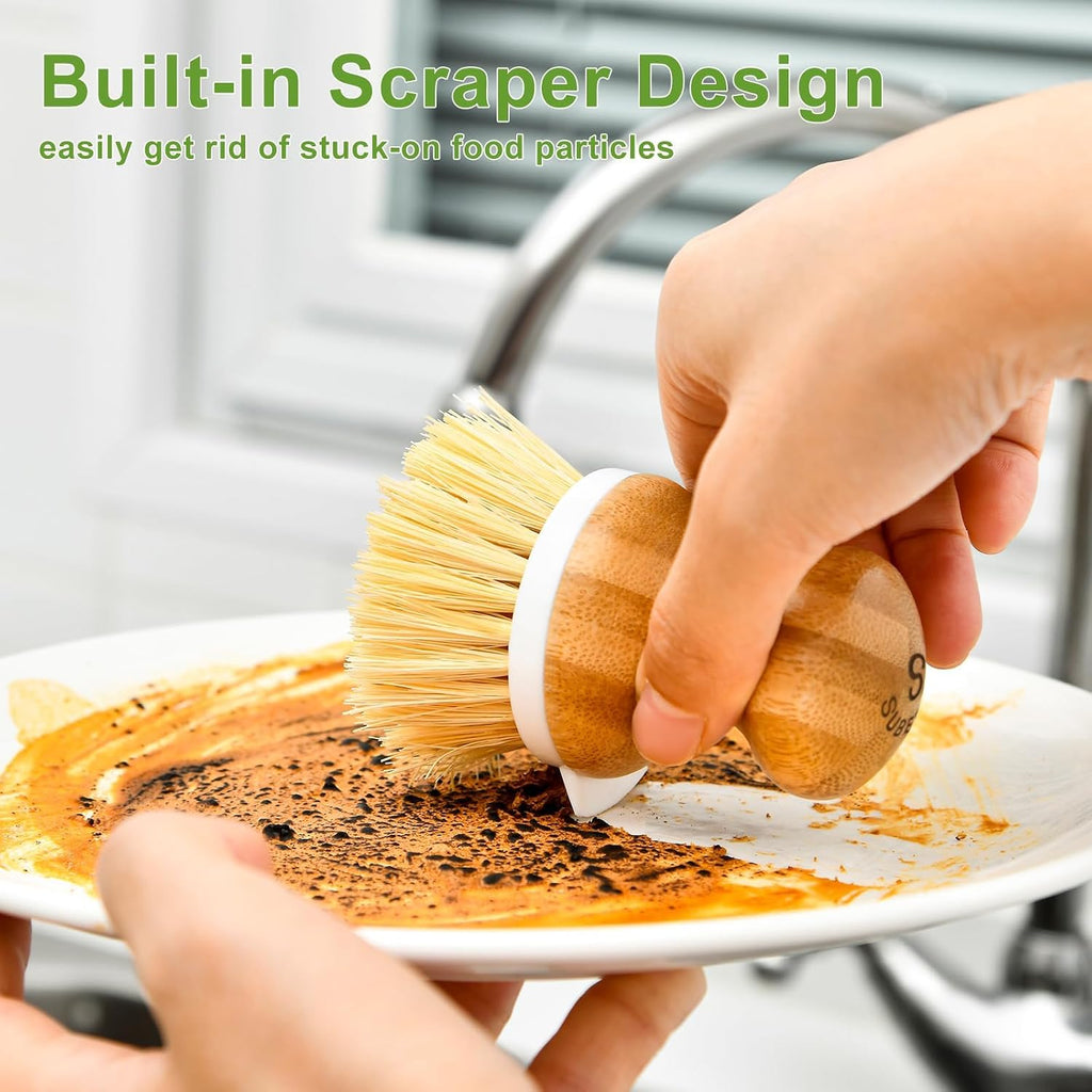 Bamboo Dish Brush,Sisal Brush with Scraper,1Pack with Ceramic Holder