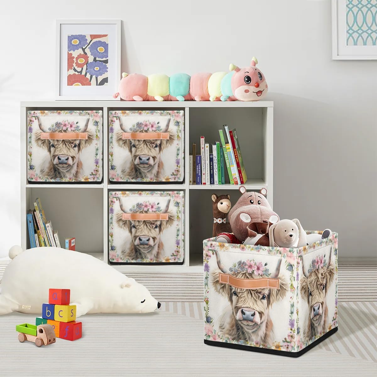 11 Inch Fabric Storage Cube with Handles, Highland Cow Collapsible Storage Basket for Shelves, Square Storage Bin Canvas Closet Organizer for Decor