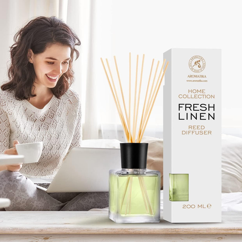 Reed Diffuser Fresh Linen 6.8 Fl Oz - Scented Reed Diffuser - Gift Set with Bamboo Sticks - Best for Aromatherapy - SPA - Home - Office - Fitness Club