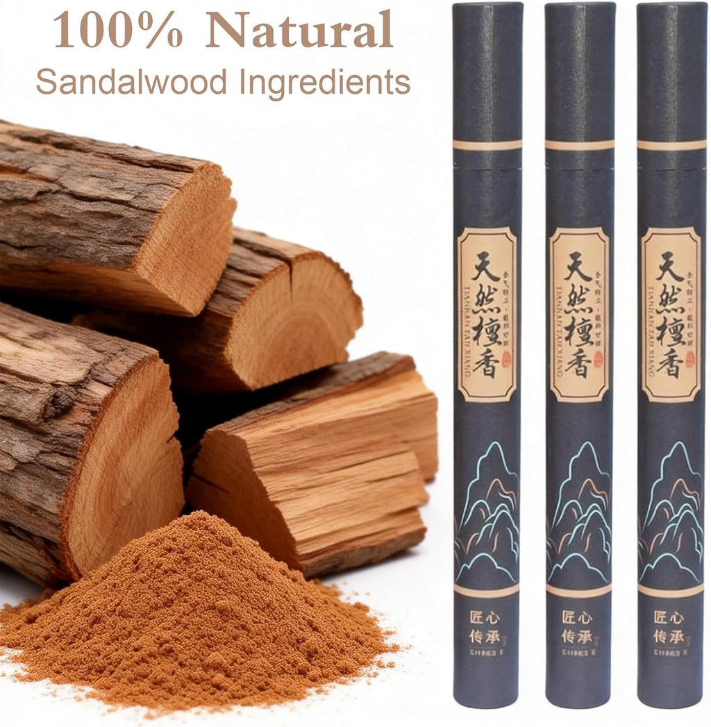 Natural Sandalwood Incense Sticks - Pure & Delicate Woody Scent for Meditation, Yoga & Sleep - Low Smoke, No Chemical Binders (3 Tubes / ~135 Sticks, 30 Min Burn Time)