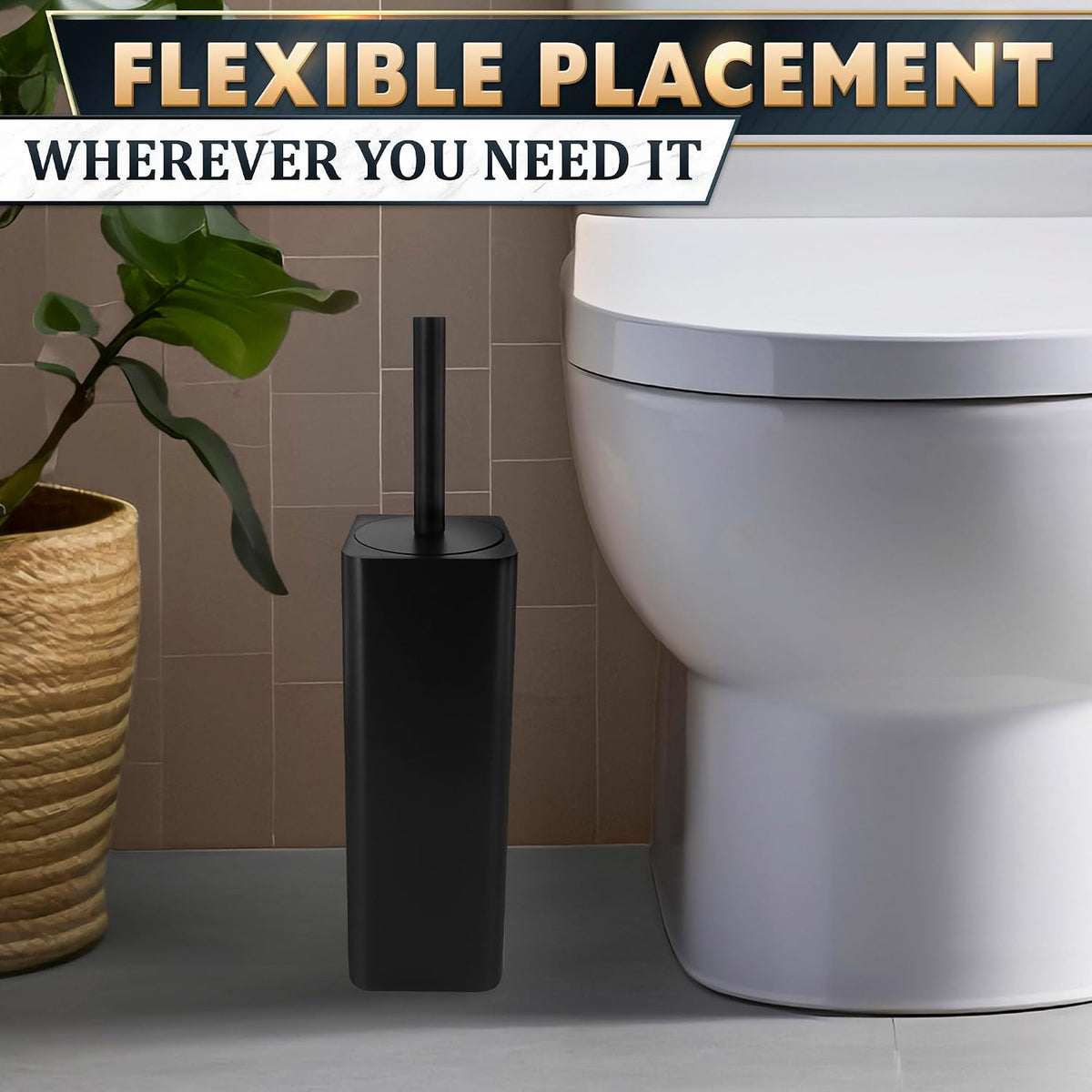 Black Toilet Brush and Holder Set, Stainless Steel Material (Black)