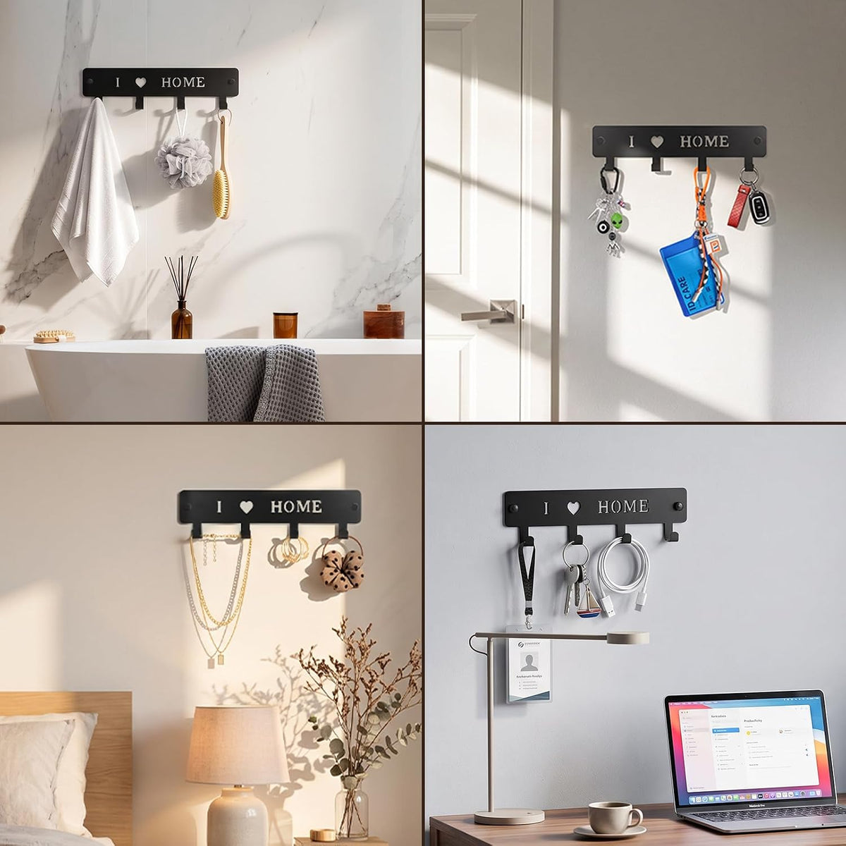 4-Hook Metal Key Holder Wall Mount with Self-Adhesive Back