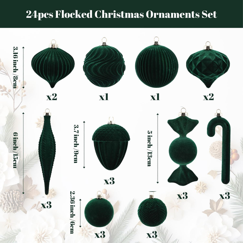 Velvet Ornaments for Christmas Tree Decorations - Dark Green Flocked Christmas Ornament Set for Winter Holiday Decor - Shatterproof Xmas Balls Ornaments Bulk - Pack of 24