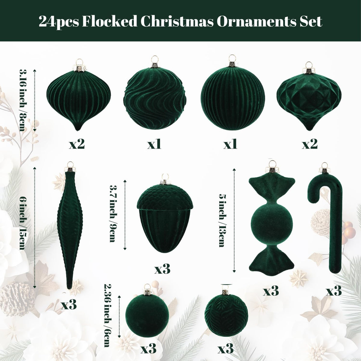 Velvet Ornaments for Christmas Tree Decorations - Dark Green Flocked Christmas Ornament Set for Winter Holiday Decor - Shatterproof Xmas Balls Ornaments Bulk - Pack of 24