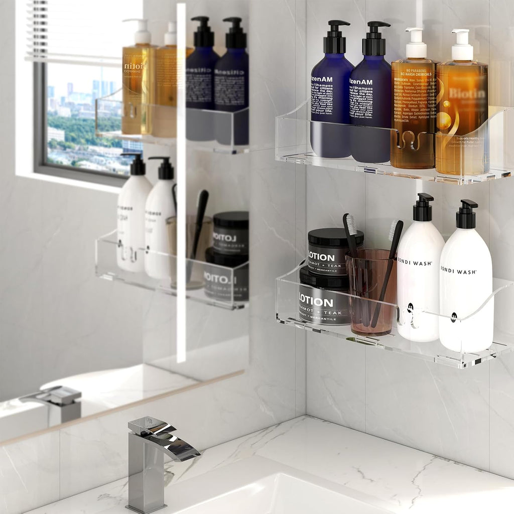 Clear Acrylic Shower Shelves, Adhesive Bathroom Caddy Organizer, 3-Pack
