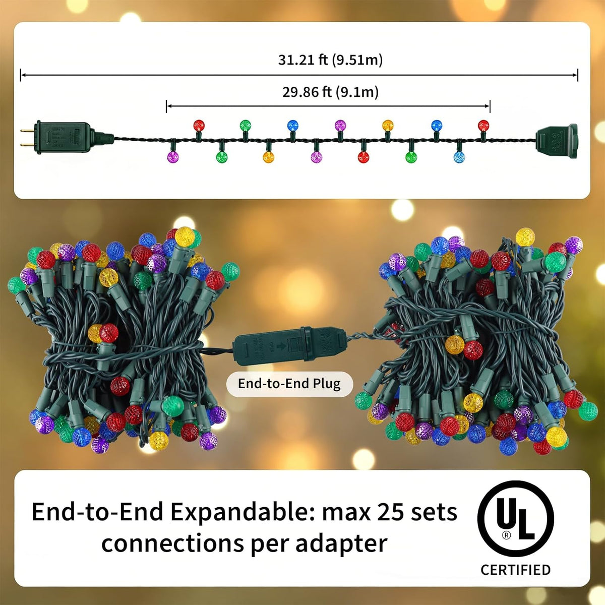 G14 Slow Twinkle Multicolor Christmas Globe Lights, 100 LED 31ft