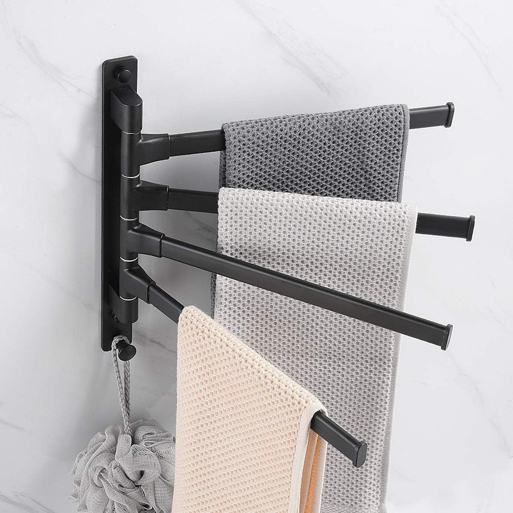 Swivel Hand Towel Bar Bathroom Swing Hanger Towel Rack Holder Matte Black Finish, Wall Mounted, 4-Arm