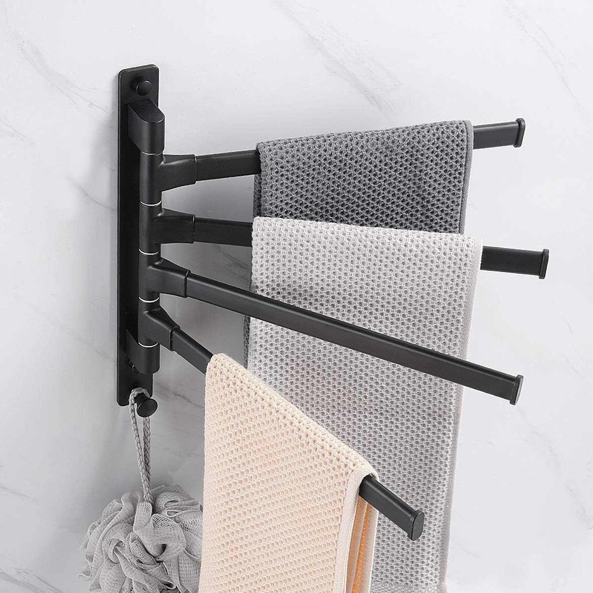 Swivel Hand Towel Bar Bathroom Swing Hanger Towel Rack Holder Matte Black Finish, Wall Mounted, 4-Arm