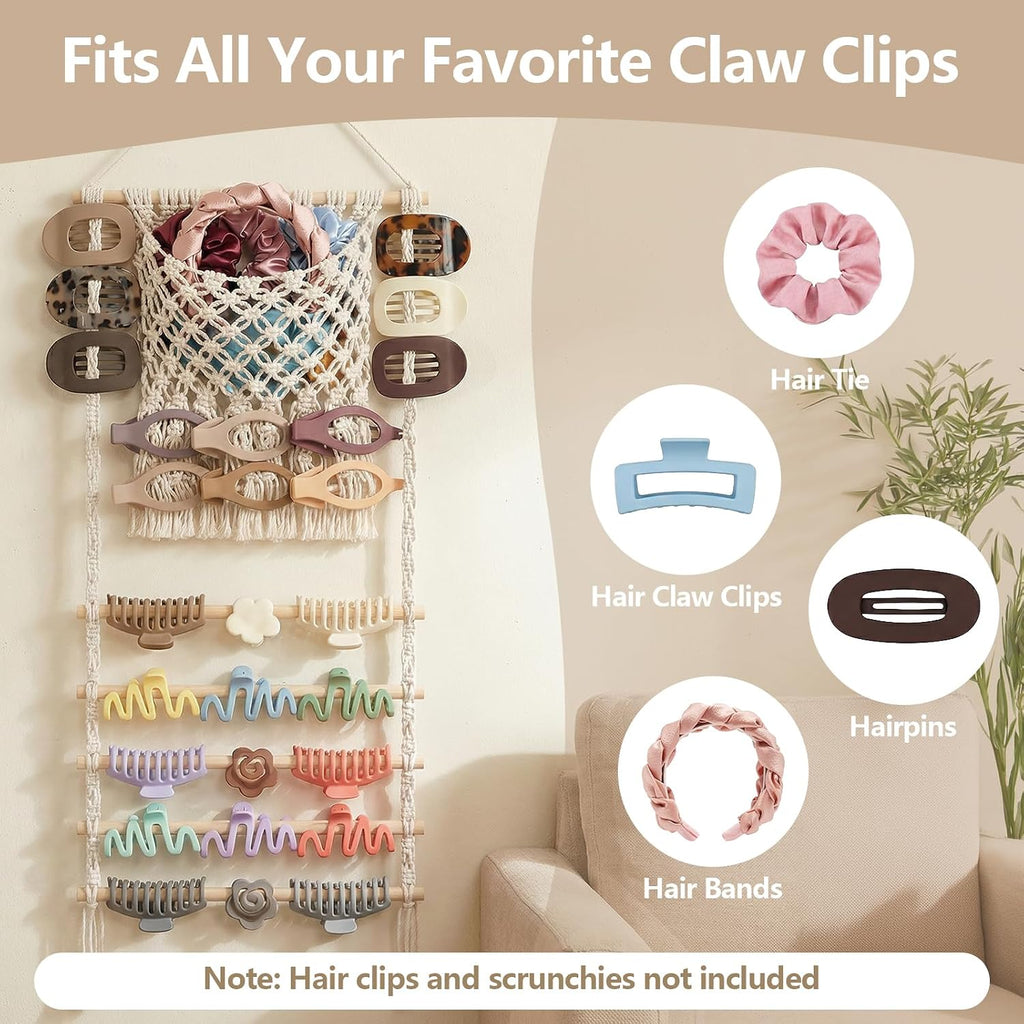Hysagtek Hair Claw Clip Organizer - Large Capacity Mesh Bag Macrame Scrunchies Holder Hair Ties Organizer Claw Clips Hanger Home Boho Decor for Wall Door Closet