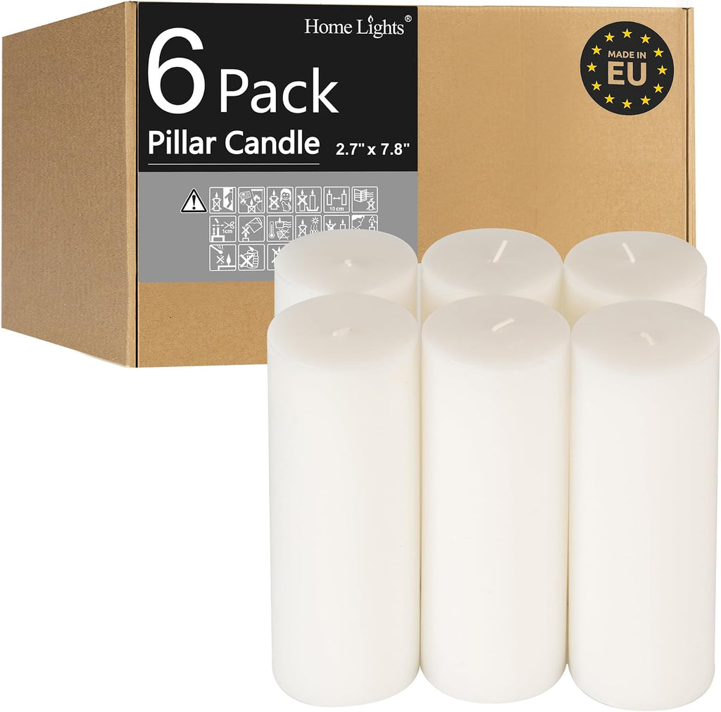 HomeLights Pillar Candles - 2.7x8 inch | 80 Hours Burning, 6 Count - White Unscented Smokeless European Pillar Candles - Perfect for Wedding, Parties, Spas, Home Gatherings and Dinner