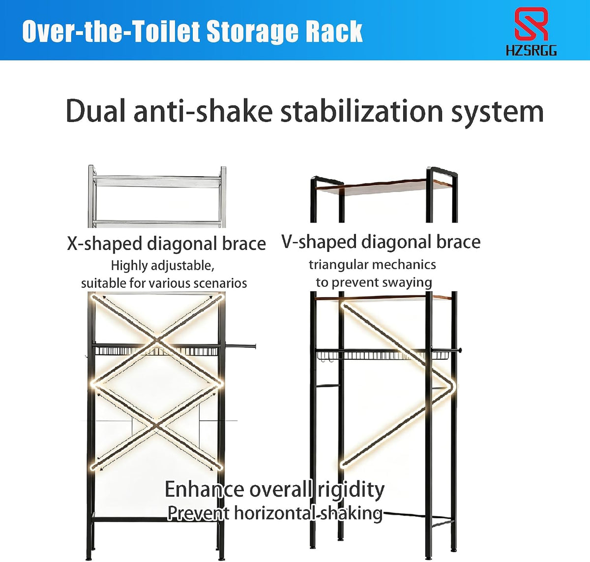 Over The Toilet Storage, 4-Tier Bathroom Organizer with V-Shaped Support & Pre-Welded Frame, Freestanding Rustproof Shelf with Toilet Paper Holder, Heavy Duty, 60" Tall, Antique Brown
