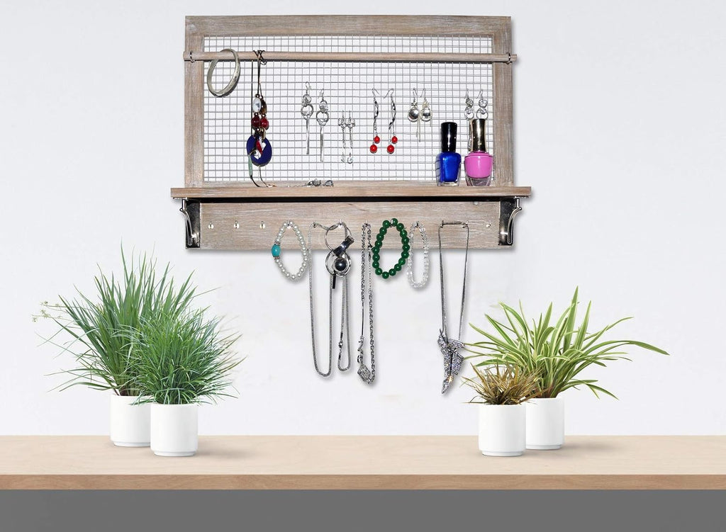 Wall Jewelry Organizer - Grey Wood Hanging Storage Rack with Hooks
