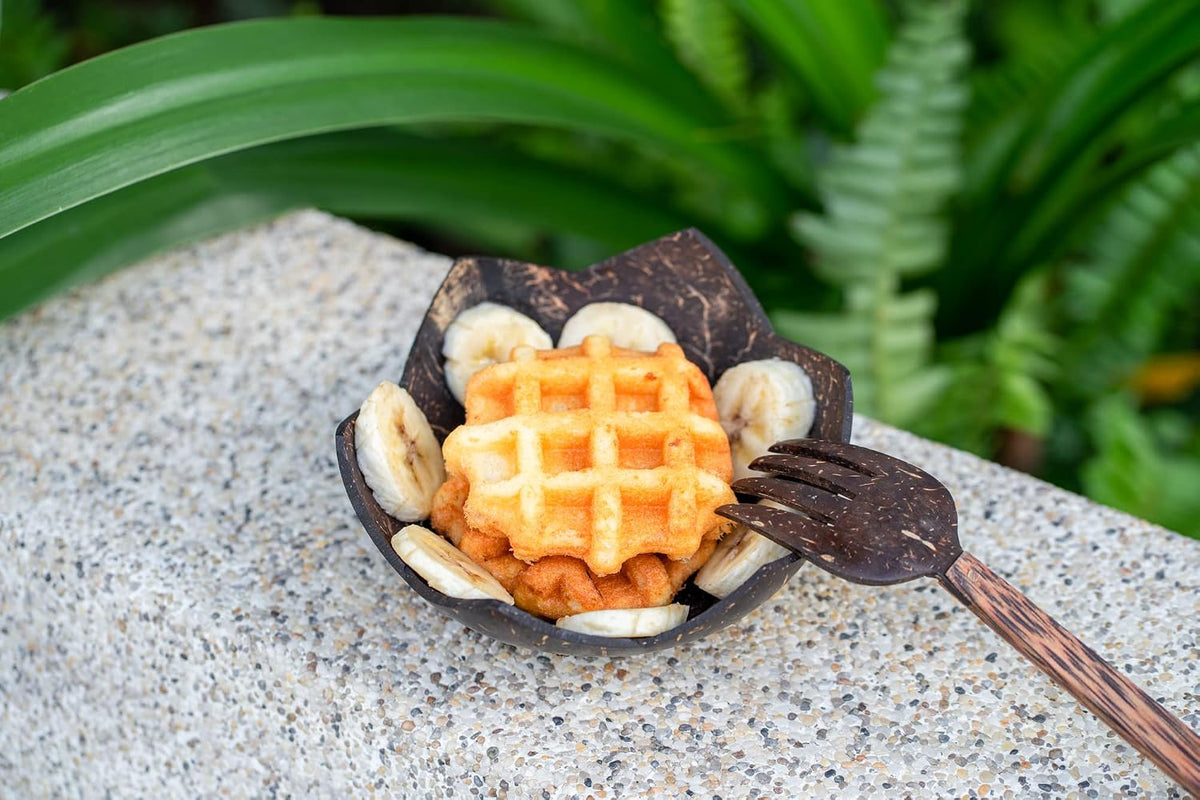Rainforest Bowls Set of 2 Jumbo Star Coconut Bowls, 2 Wooden Spoons & 2 Reusable Bamboo Straws - 100% Natural, Hand Carved by Artisans, Eco-Friendly & Sustainable - Smoothie/Acai/Salad Bowls