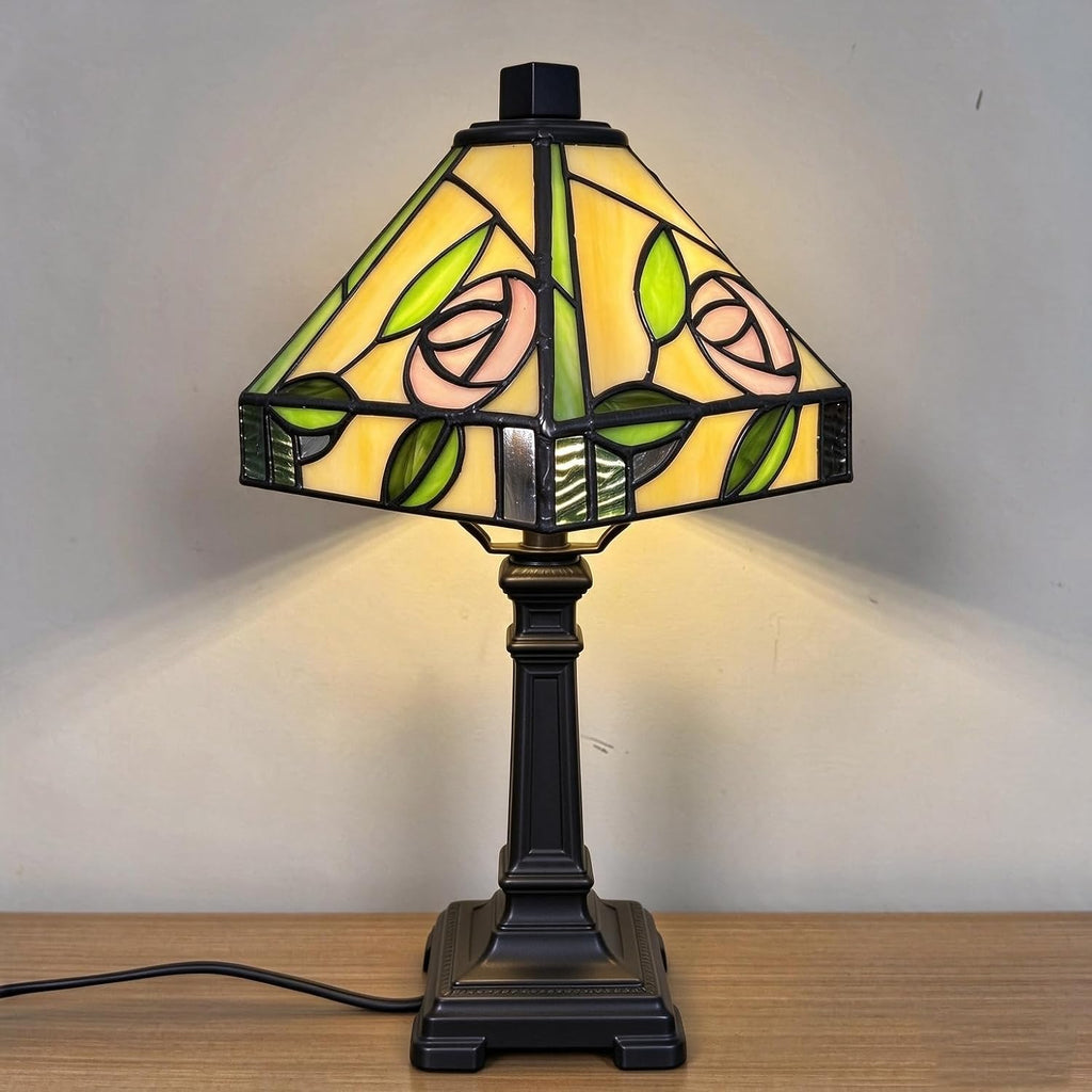 Tiffany Style Lamp Hand-Made Pink Rose Stained Glass Table Lamps