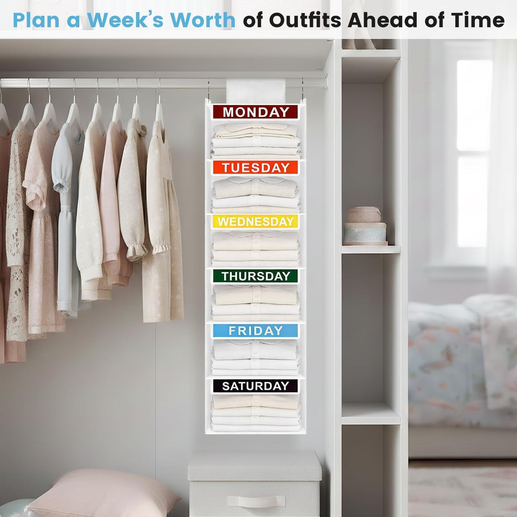 Weekly Clothes Organizer for Kids, 6-Shelf Kid Hanging Closet Organizer w/ 6 Side Pockets, Labeled Weekly Outfit Organizer for Kids, Days of The Week Clothes Organizer Monday Through Friday White