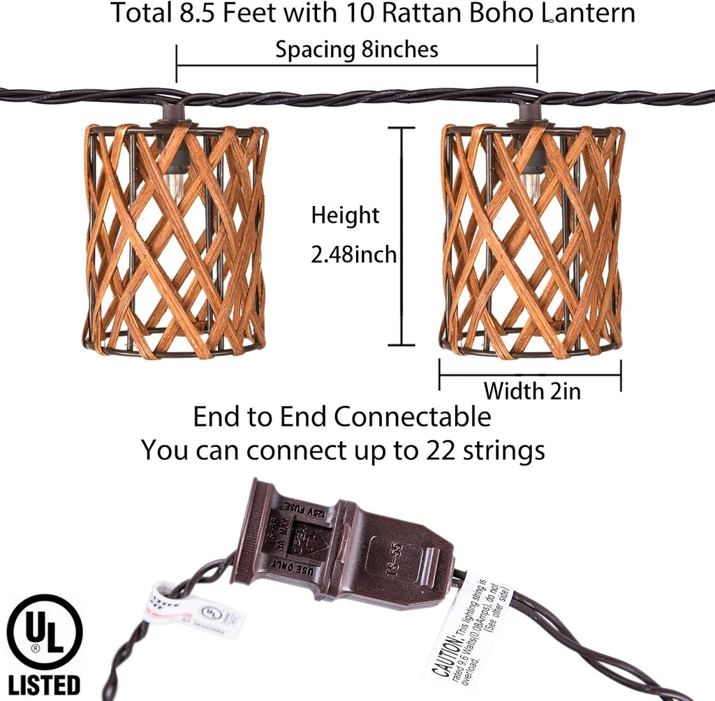 Decorative String Lights Plug in with 10 Incandescent Bulbs, Handwoven Rattan Cylinder-shaped Boho Lantern String Lights Connectable Weatherproof Outdoor Indoor for Bedroom Patio Pergola Decor (Brown)