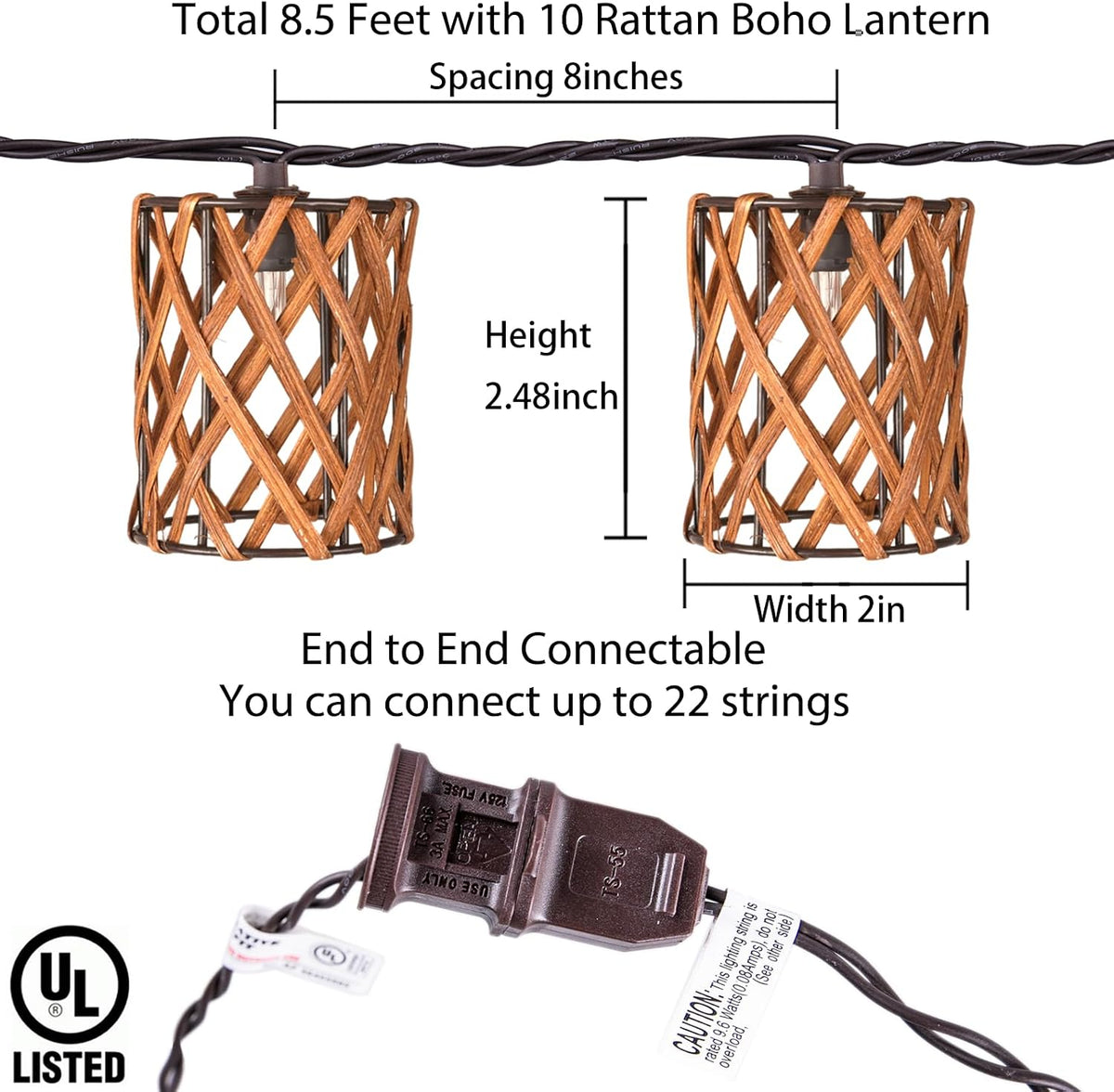 Decorative String Lights Plug in with 10 Incandescent Bulbs, Handwoven Rattan Cylinder-shaped Boho Lantern String Lights Connectable Weatherproof Outdoor Indoor for Bedroom Patio Pergola Decor (Brown)