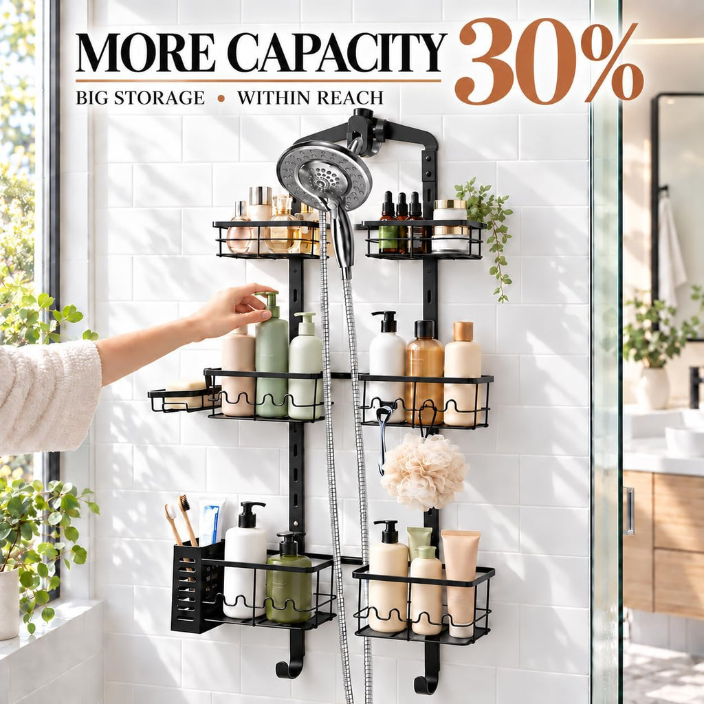 Extra Large Shower Caddy Hanging, Rust-Resistant Shower Organizer Hanging, 3 Tier Height-Adjustable Over the Head Caddy, Rack with Soap Basket (Black)